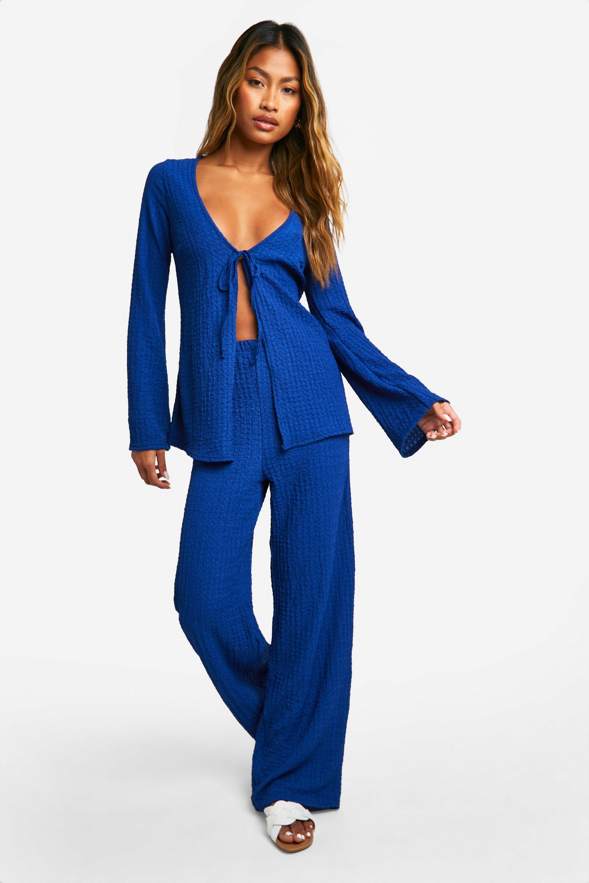 Textured Crinkle Tie Front Top & Wide Leg Trousers - Blue - 14