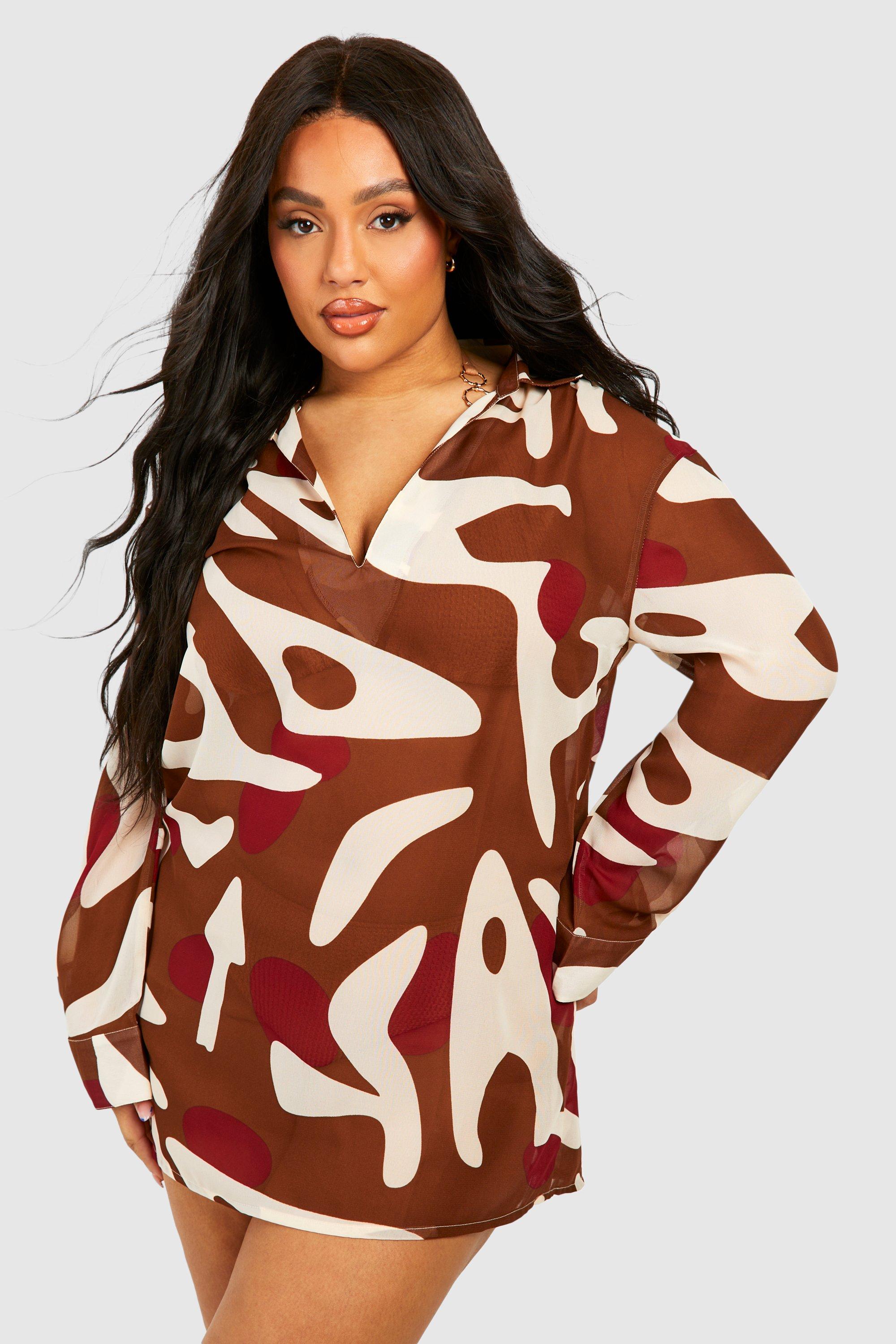 Image of Plus Abstract Print Beach Cover-up Tunic, Brown