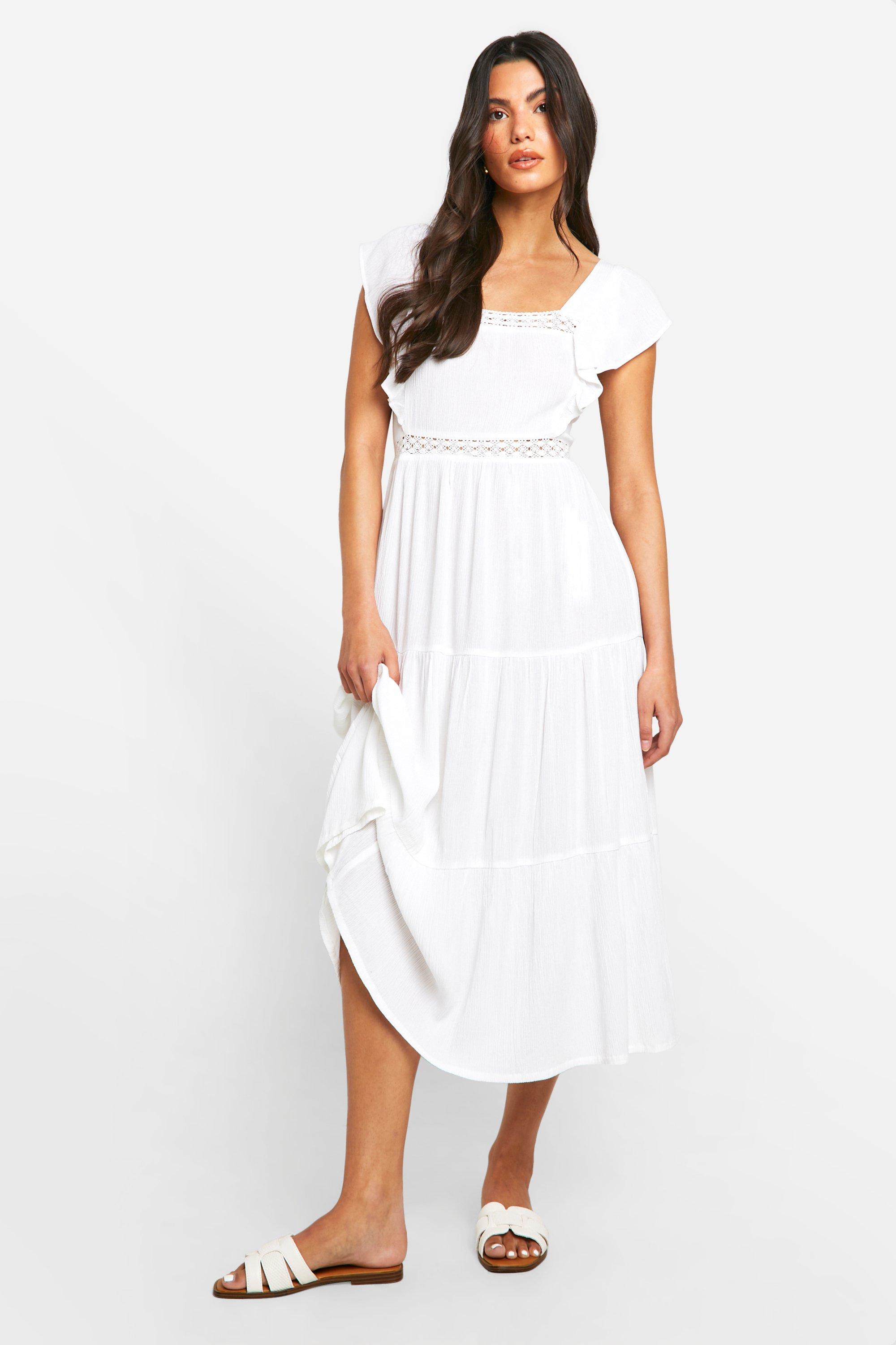 Womens Cotton Ruffle Midaxi Dress - White - 10, White