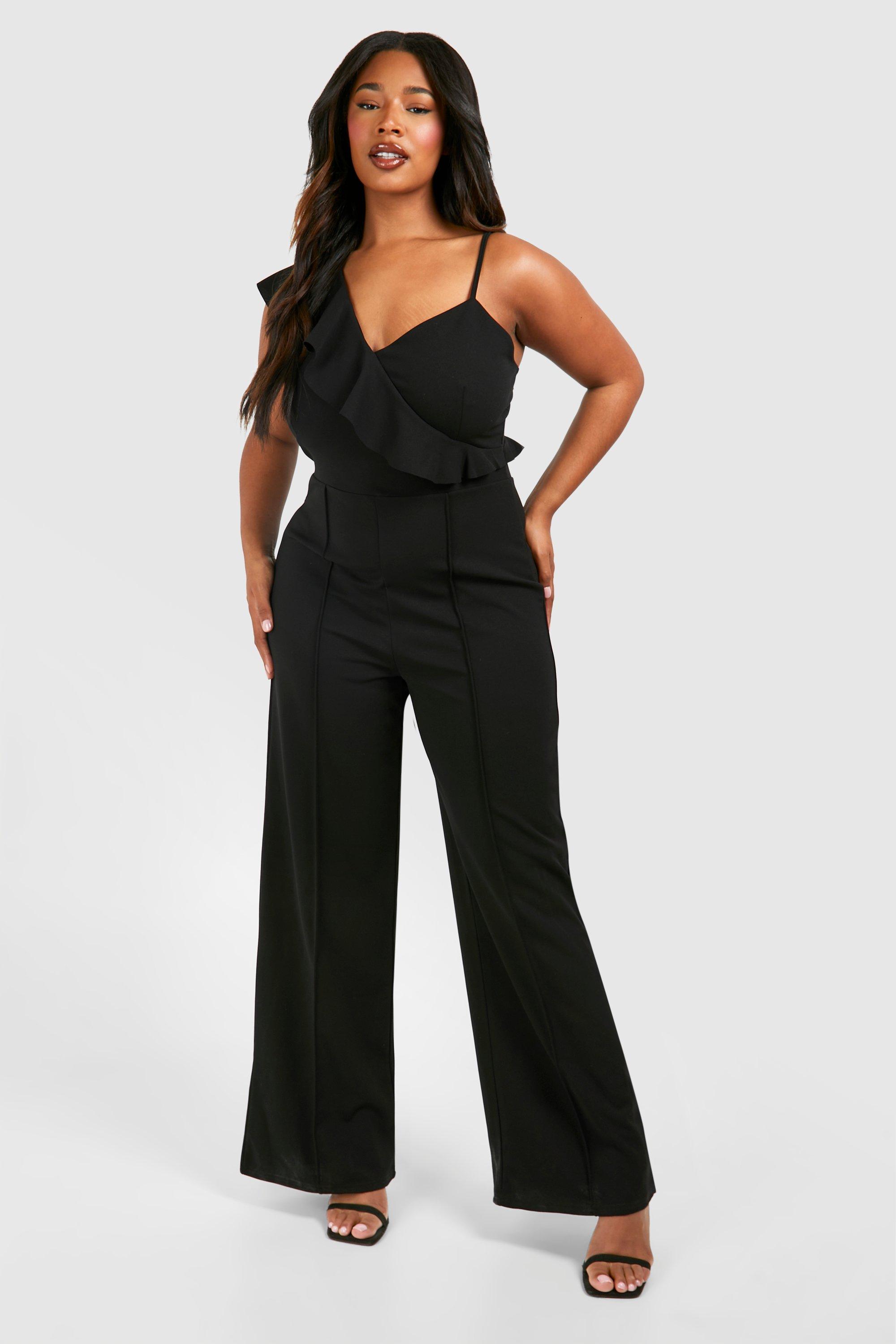 Image of Plus Ruffle Detail Strappy Wide Leg Jumpsuit, Nero