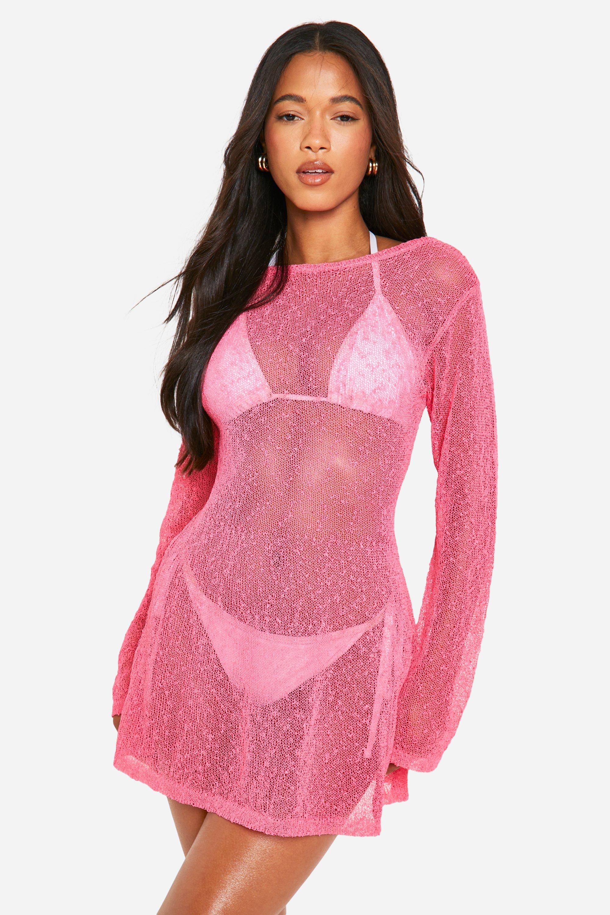 Image of Popcorn Crochet Open Back Beach Mini Dress, Pink