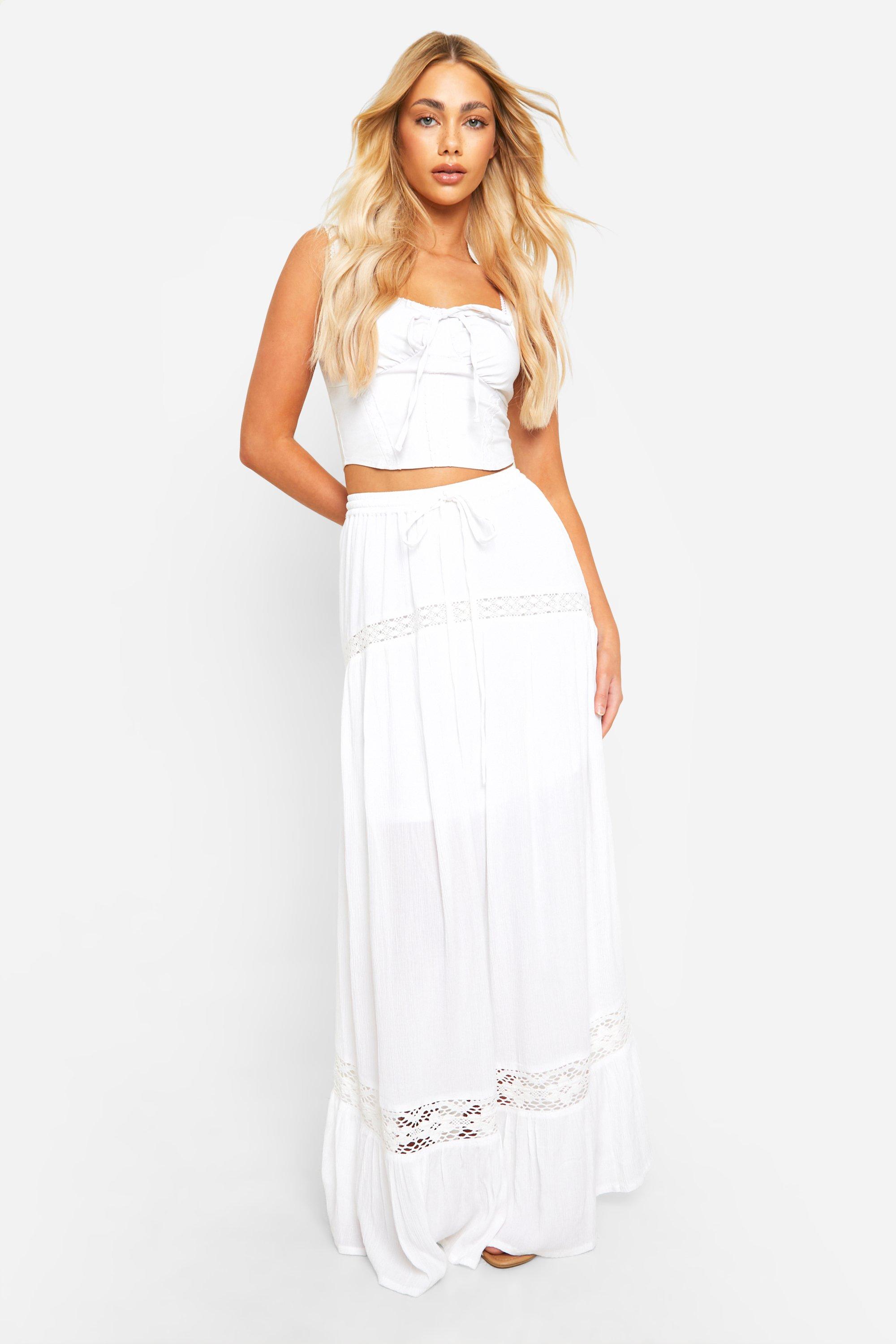 Boohoo Lace Detail Cotton Maxi Skirt, White