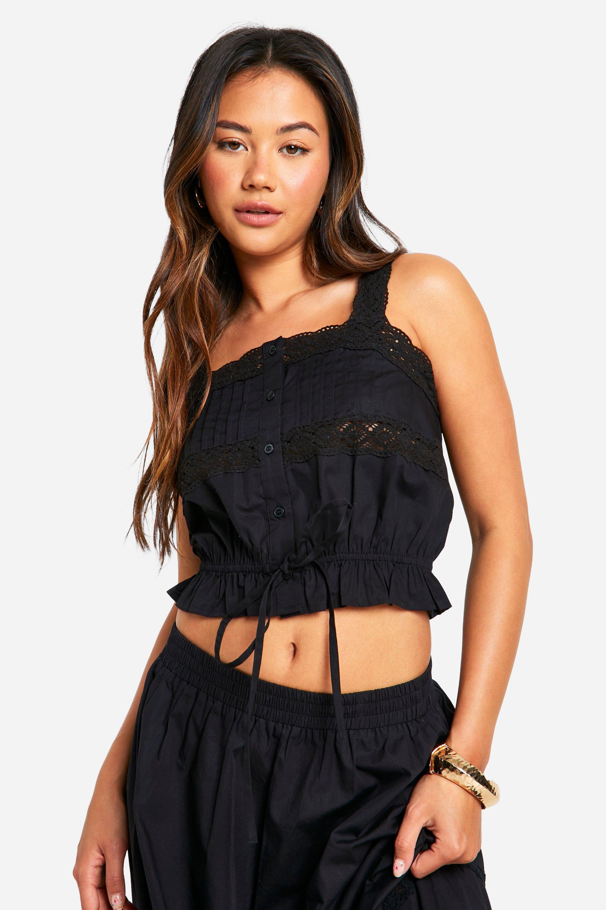Image of Cotton Lace Detail Strappy Crop Top, Nero