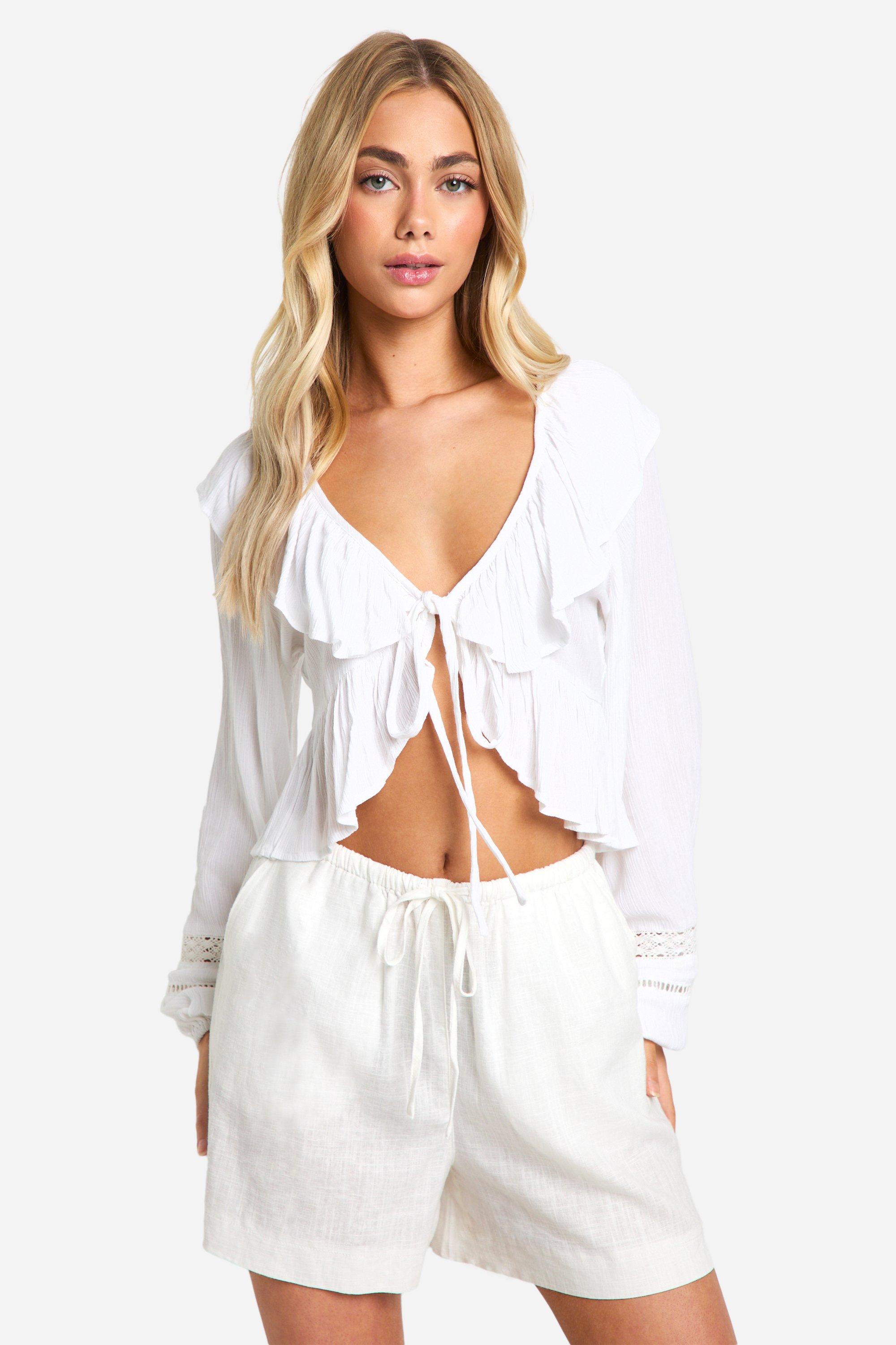 Image of Cotton Lace Detail Ruffle Top, Bianco