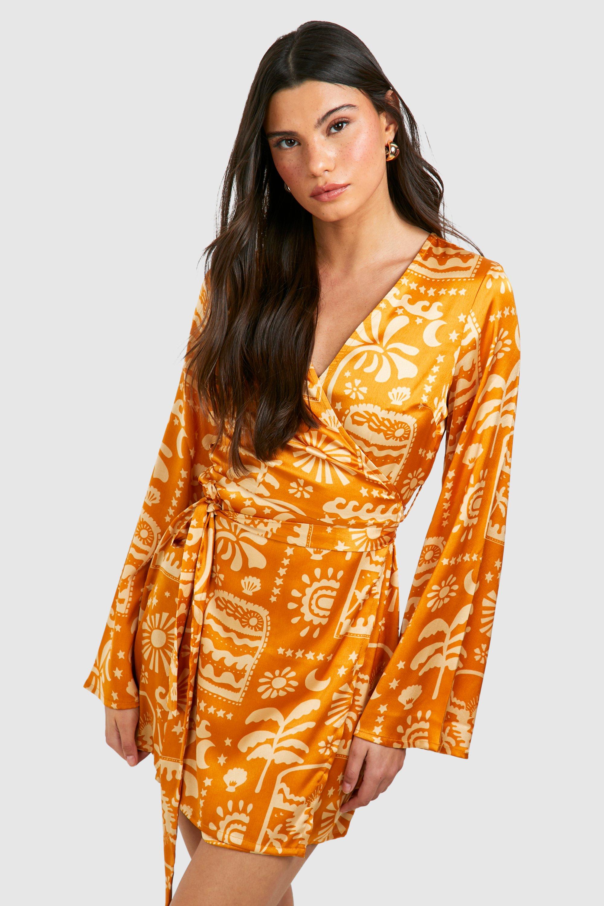 Boohoo Satin Printed Wrap Tie Shirt Dress, Burnt Orange