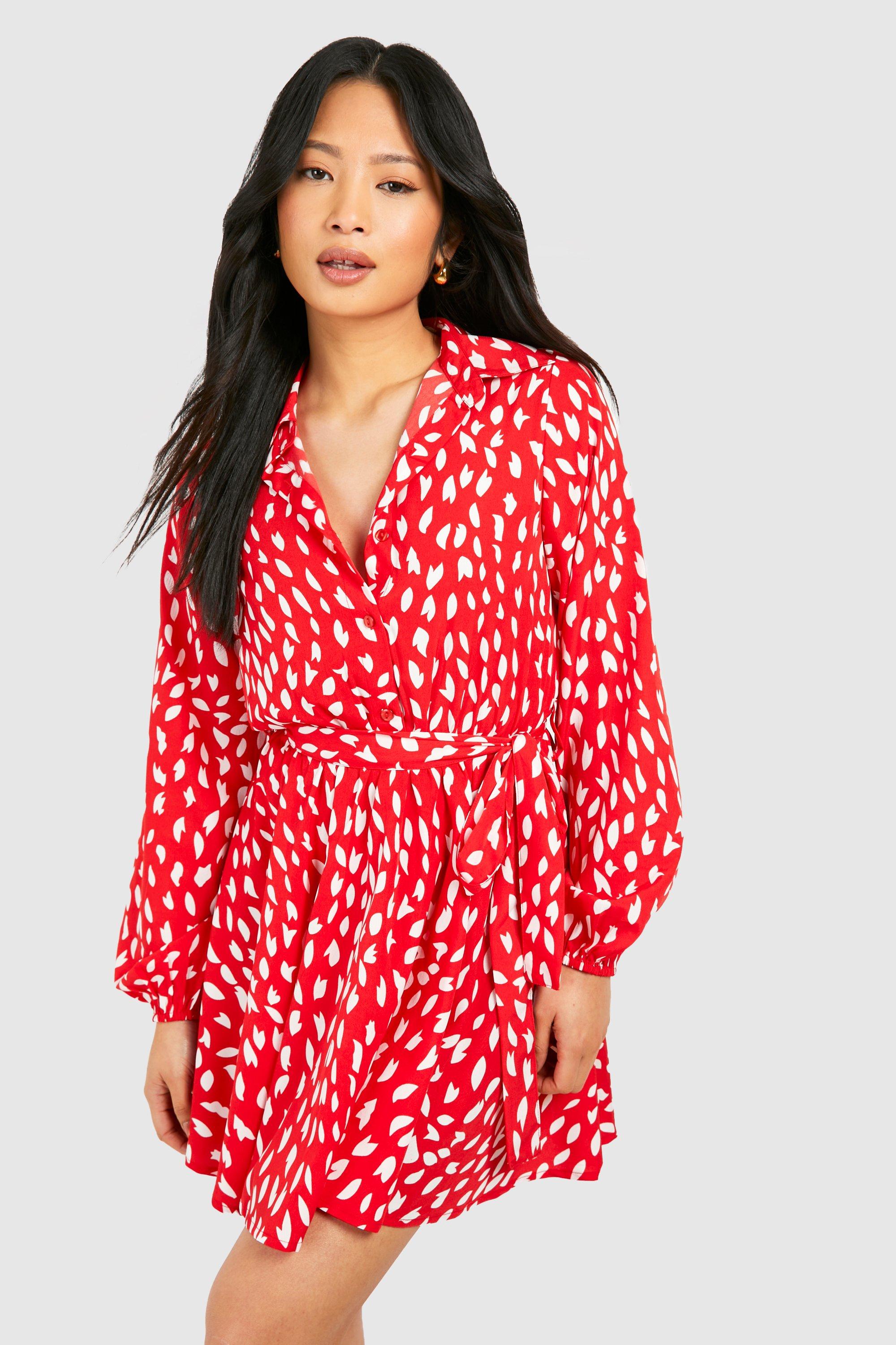 Image of Petite Smudge Print Ruffle Woven Wrap Dress, Rosso