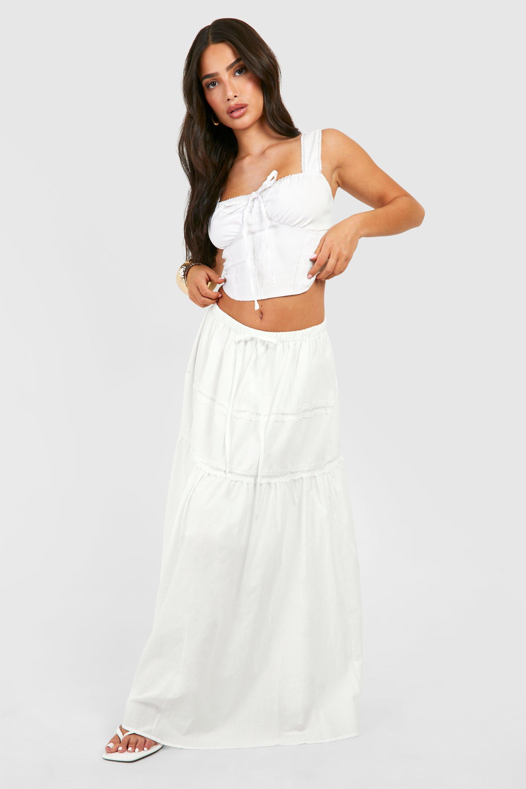 Image of Petite Lace Trim Tiered Woven Maxi Skirt, Bianco