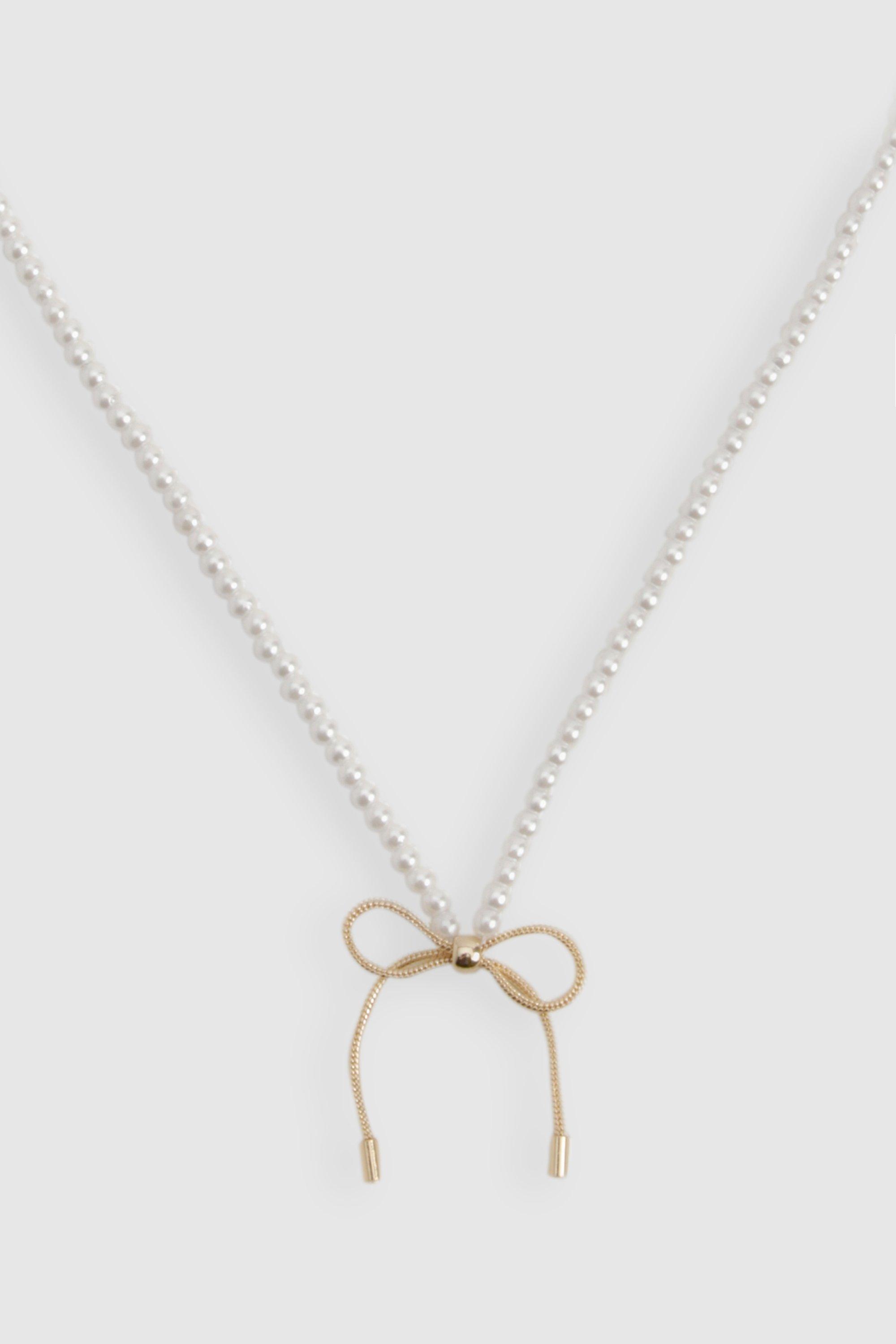 Image of Pearl Detail Bow Necklace, Bianco