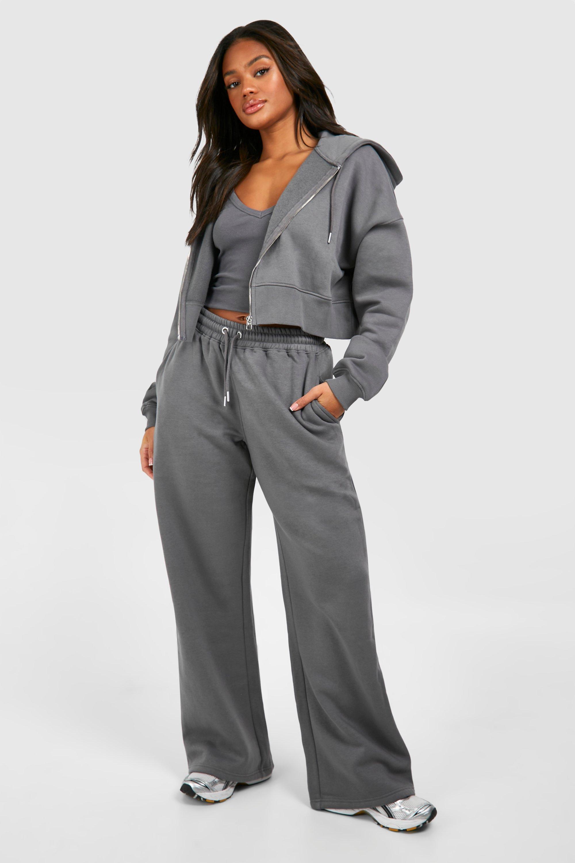 Image of Ribbed V Neck Top 3 Piece Hooded Tracksuit, Grigio