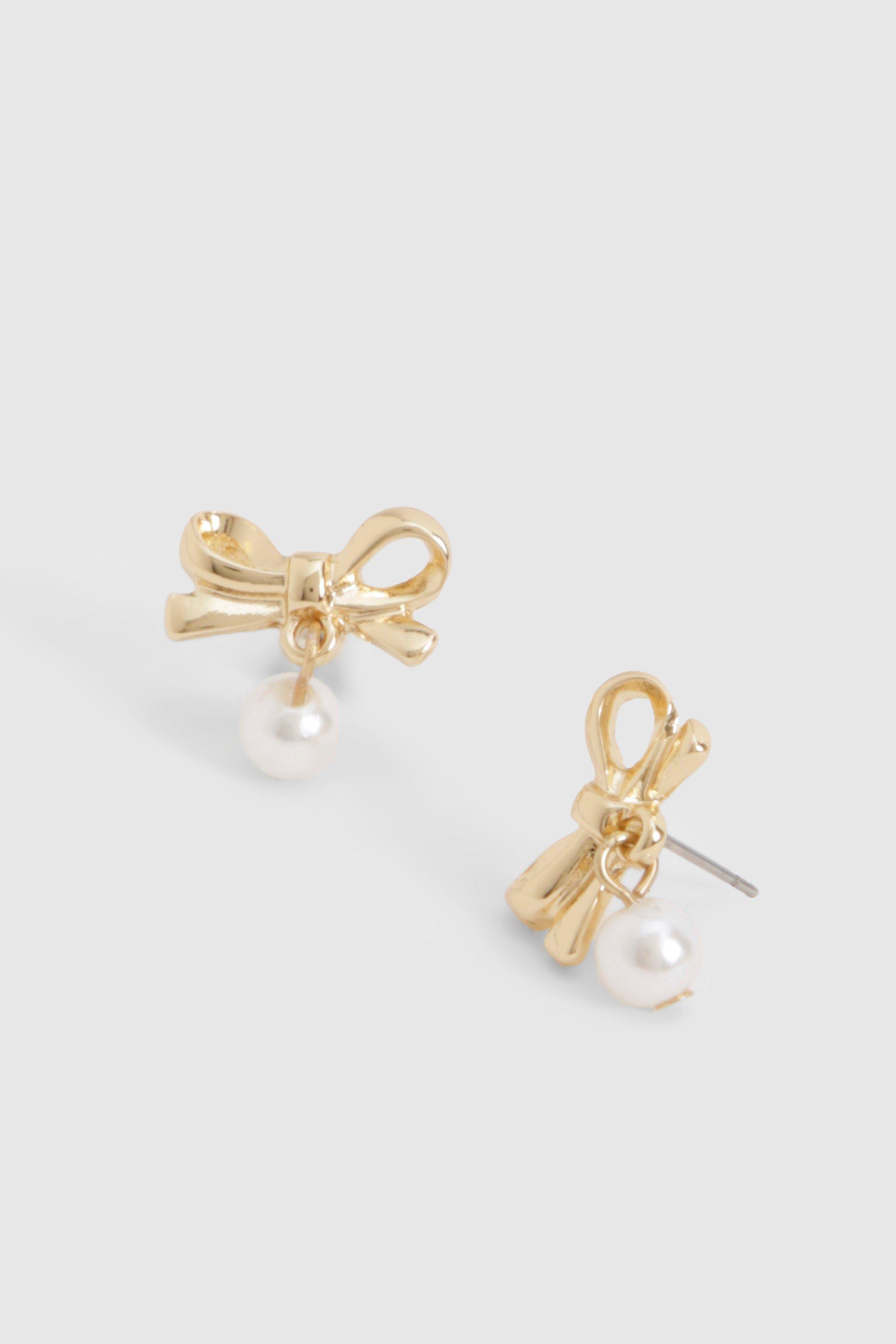 Image of Bow & Pearl Drop Earrings, Metallics