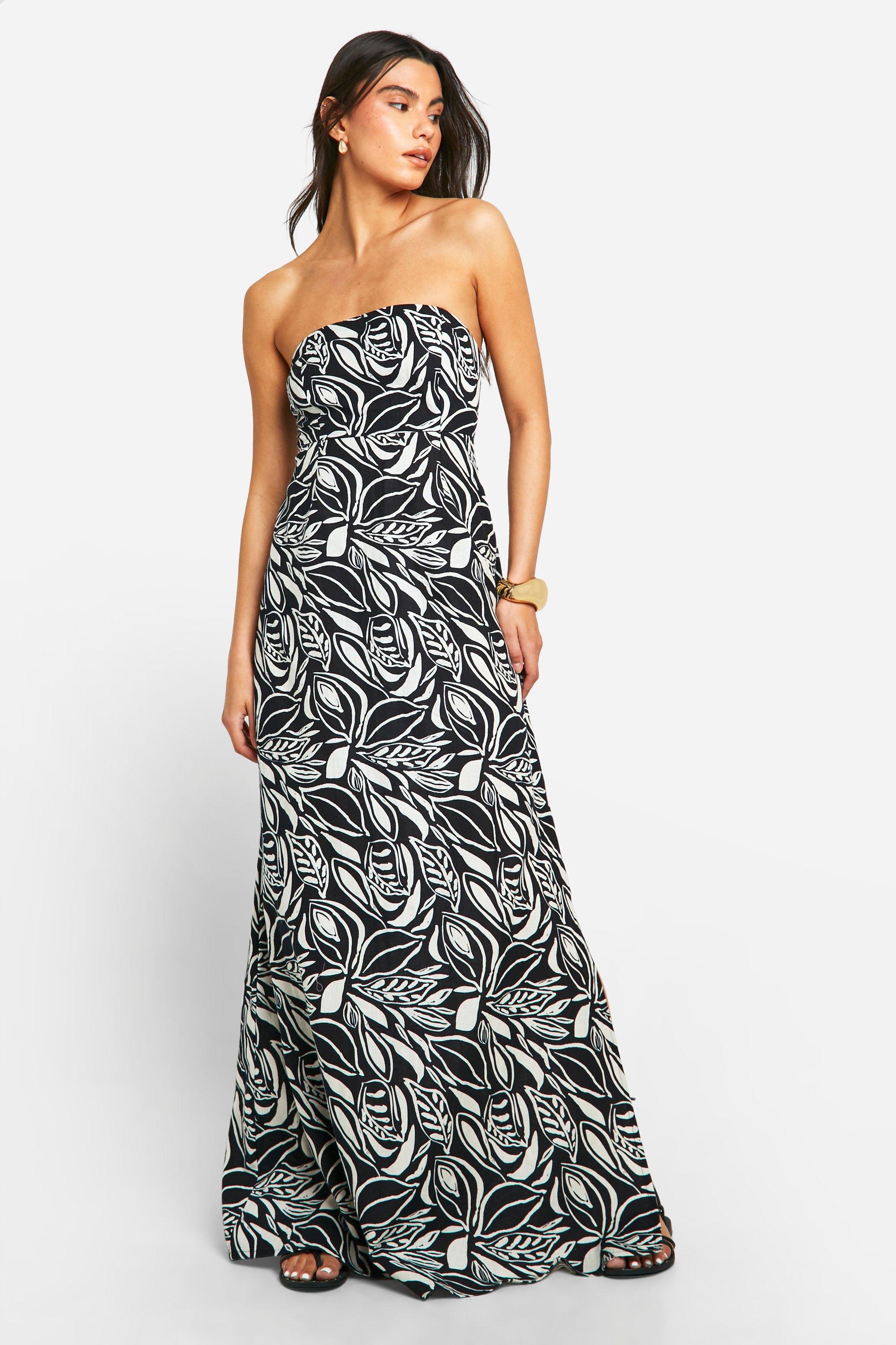 Image of Bandeau Leaf Print Linen Maxi Dress, Nero