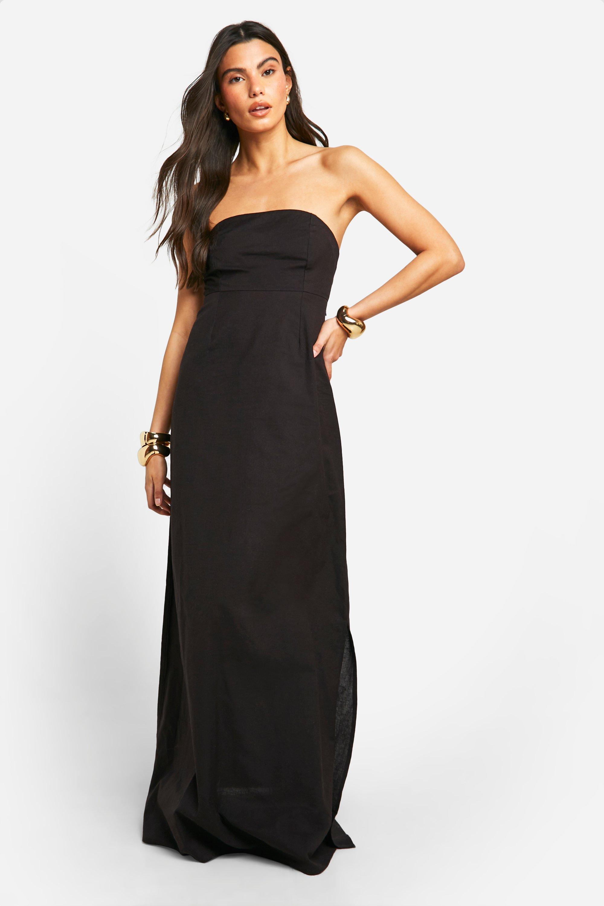 Womens Bandeau Linen Look Maxi Dress - Black - 14, Black