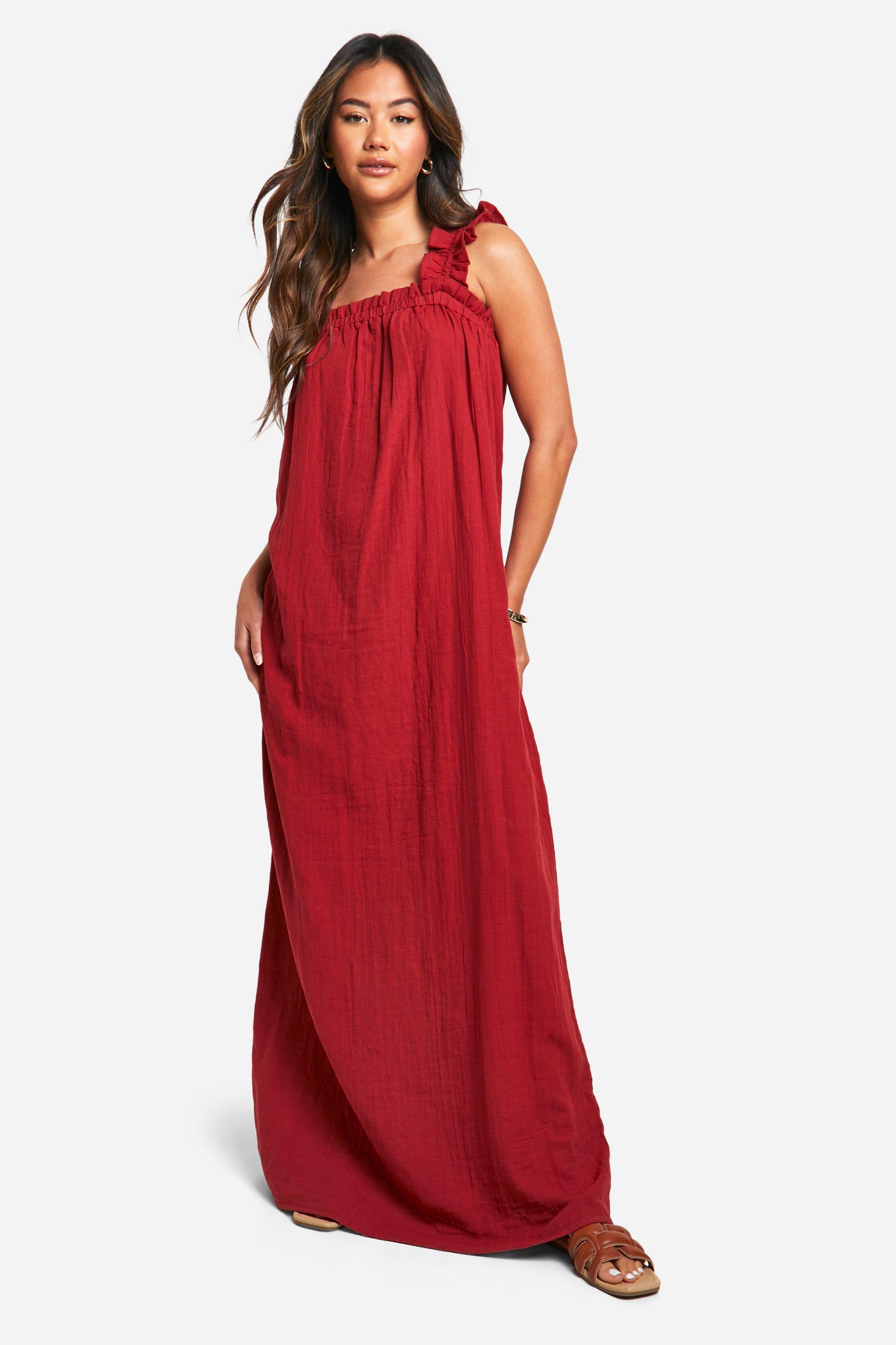 Boohoo Textured Ruffle Strap Maxi Dress, Red