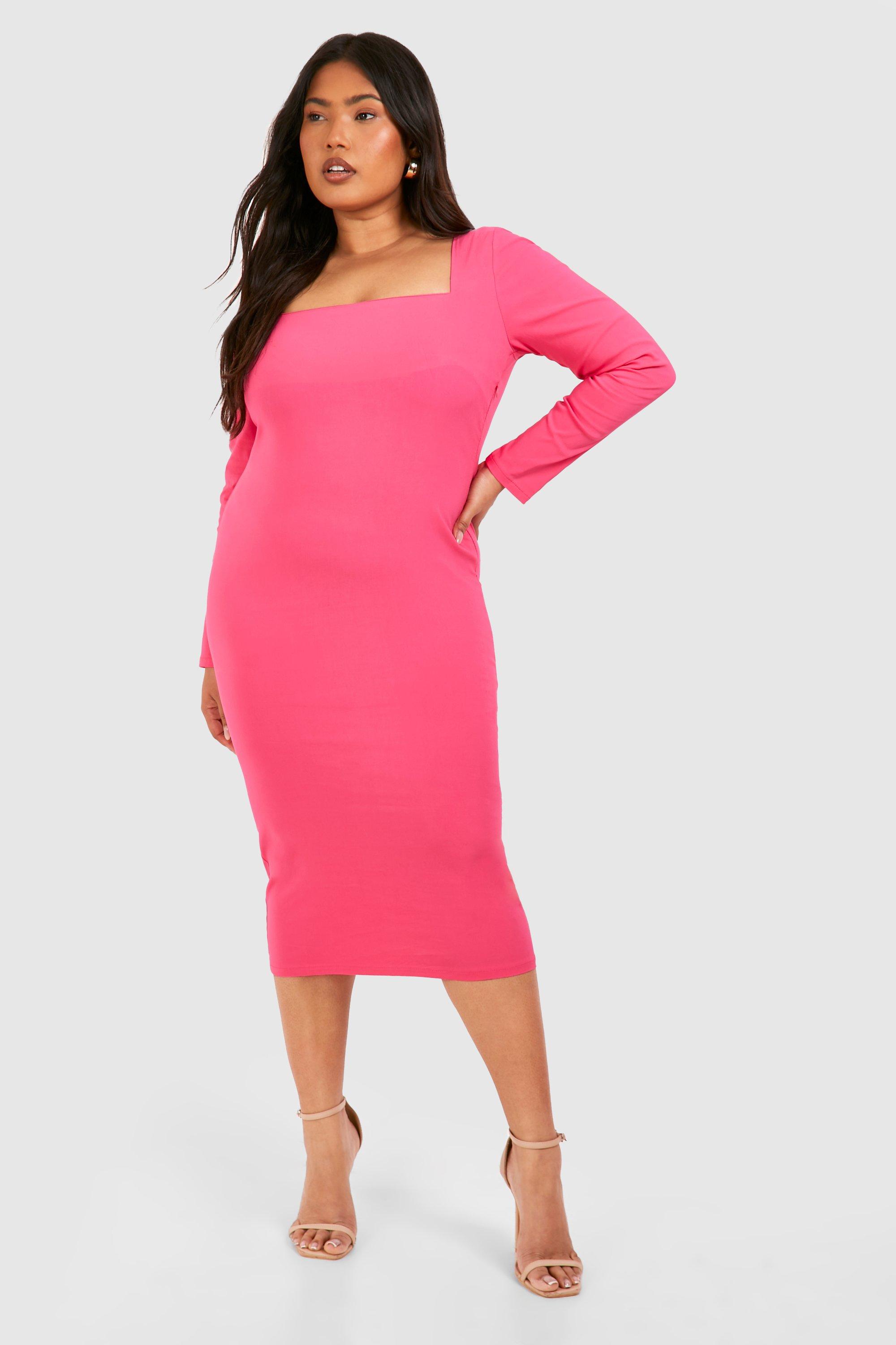Boohoo Plus Square Neck Bengaline Midi Dress, Pink