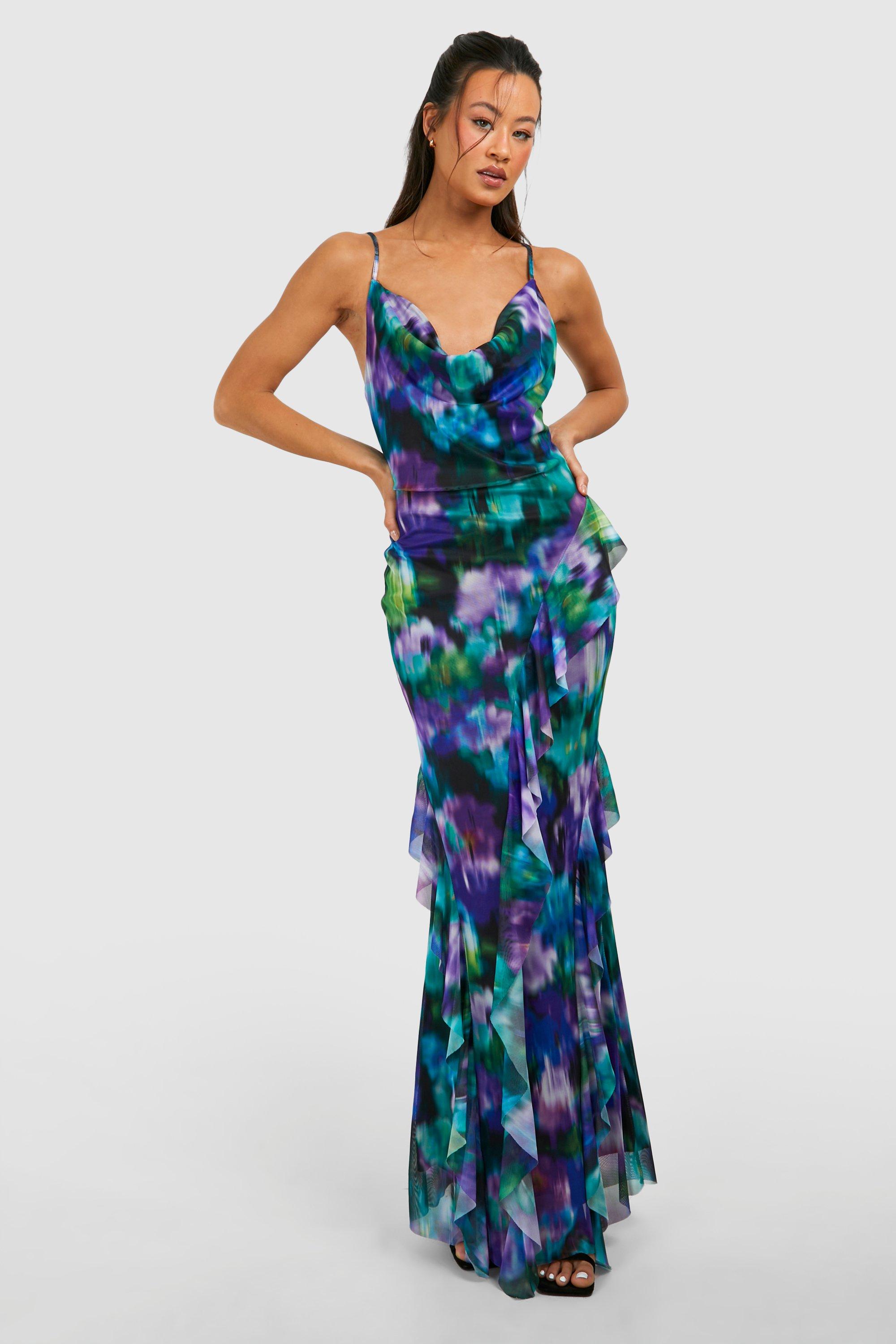 Image of Tall Floral Mesh Ruffle Maxi Dress, Purple
