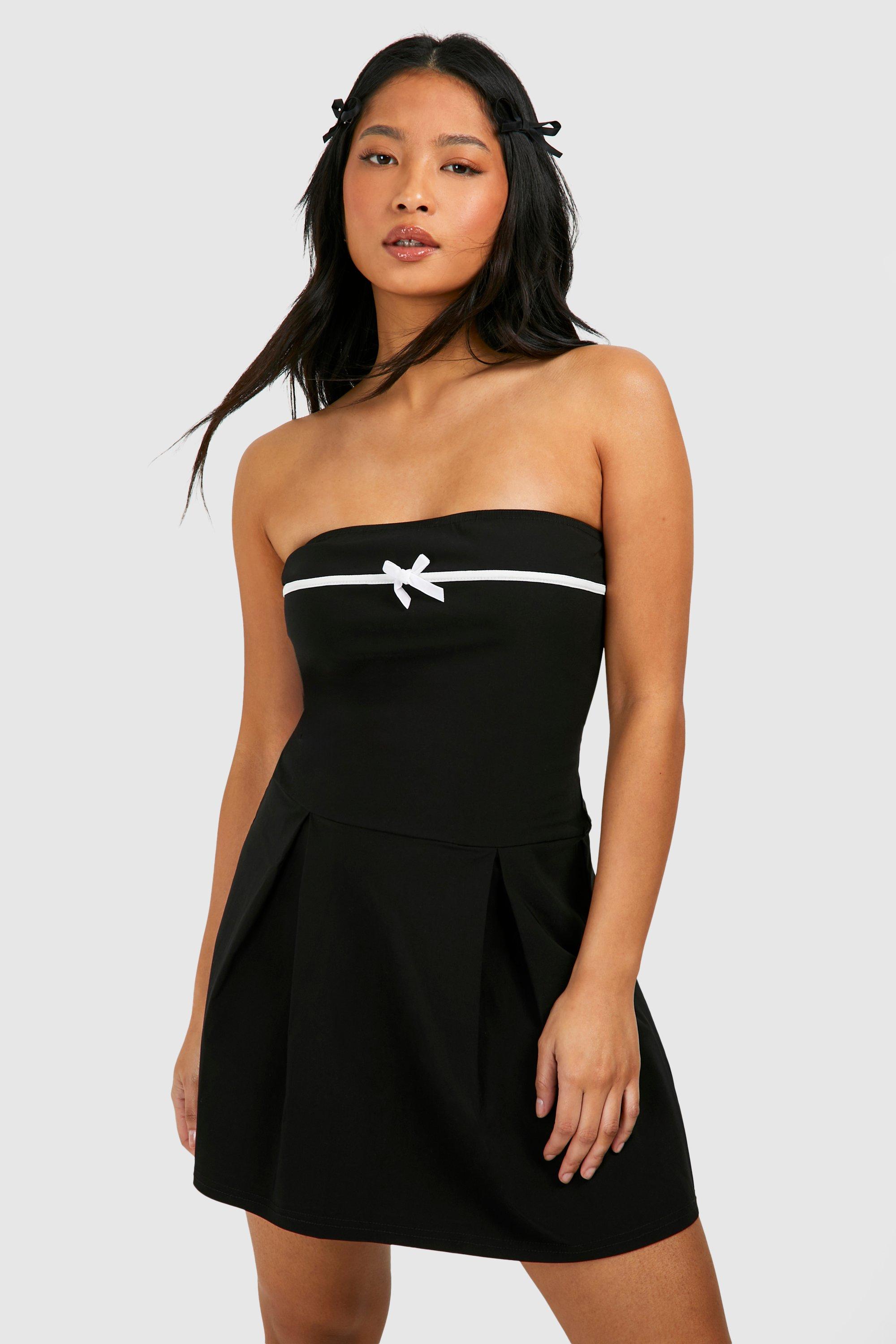 Womens Petite Bow Contrast Pleated Bandeau Mini Dress - Black - 10, Black