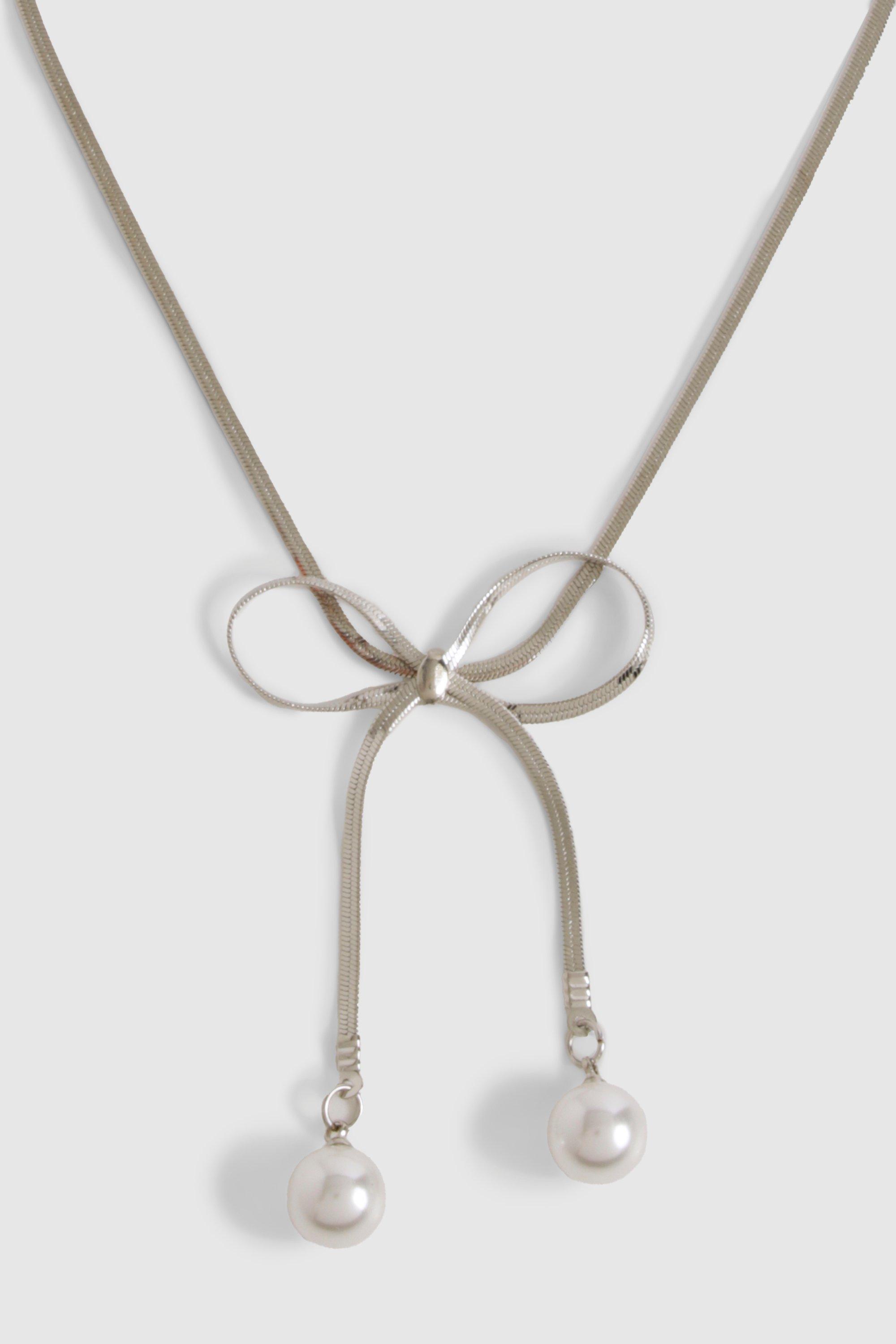 Image of Bow Pearl Detail Snakechain Necklace, Grigio