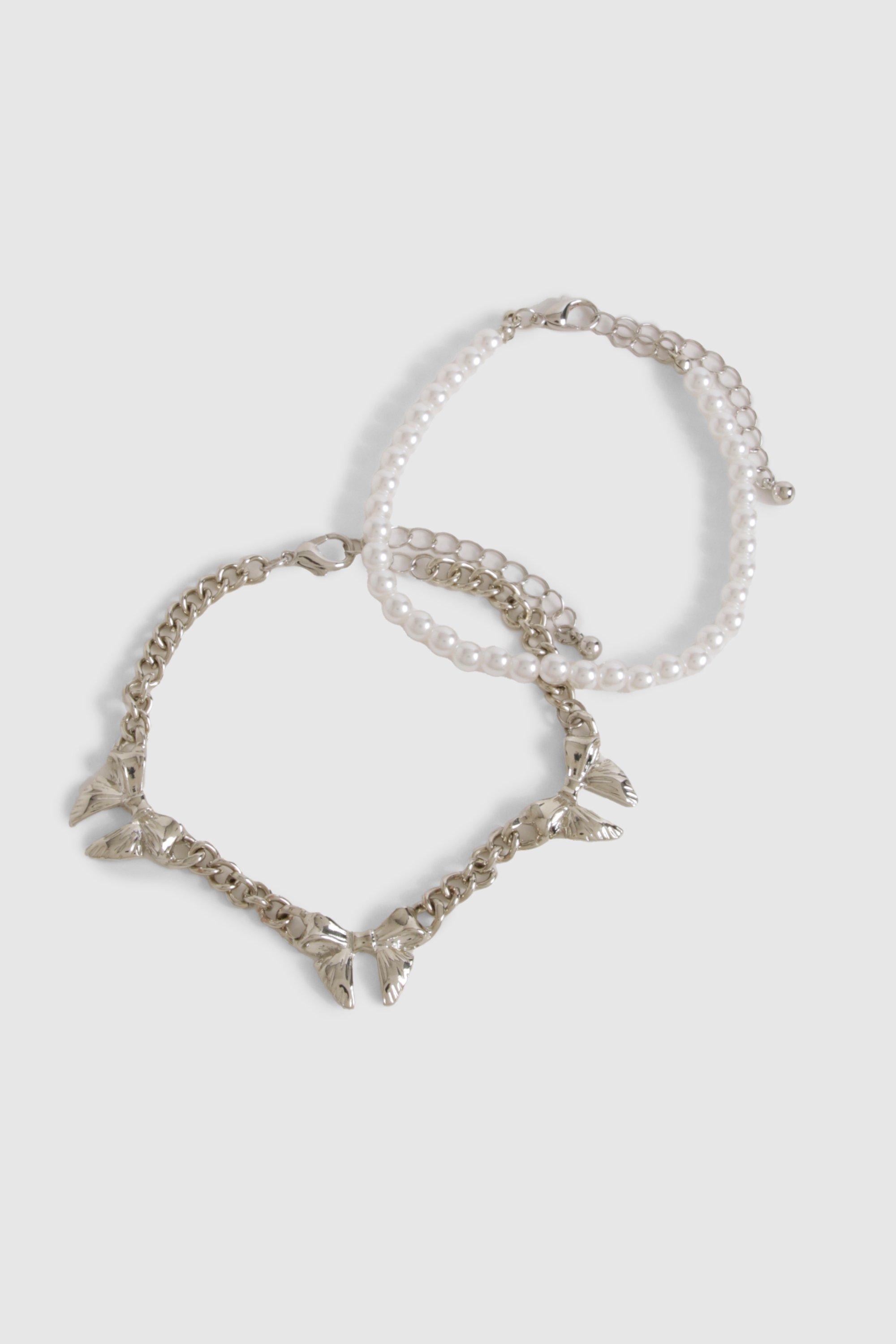 Image of Pearl & Bow Chain Layered Bracelets, Grigio