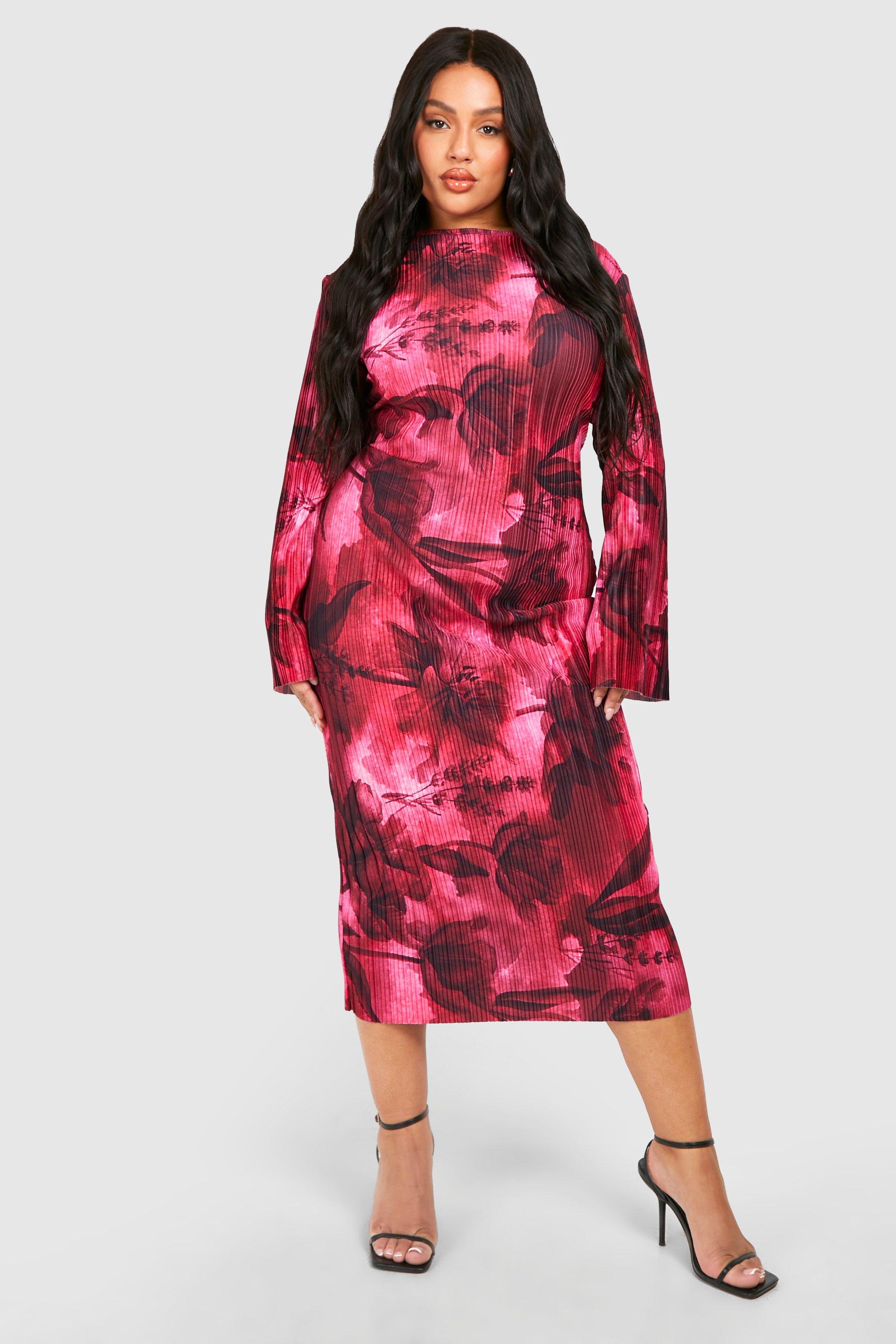 Image of Plus Plisse Floral Print Flare Sleeve Midaxi Dress, Pink