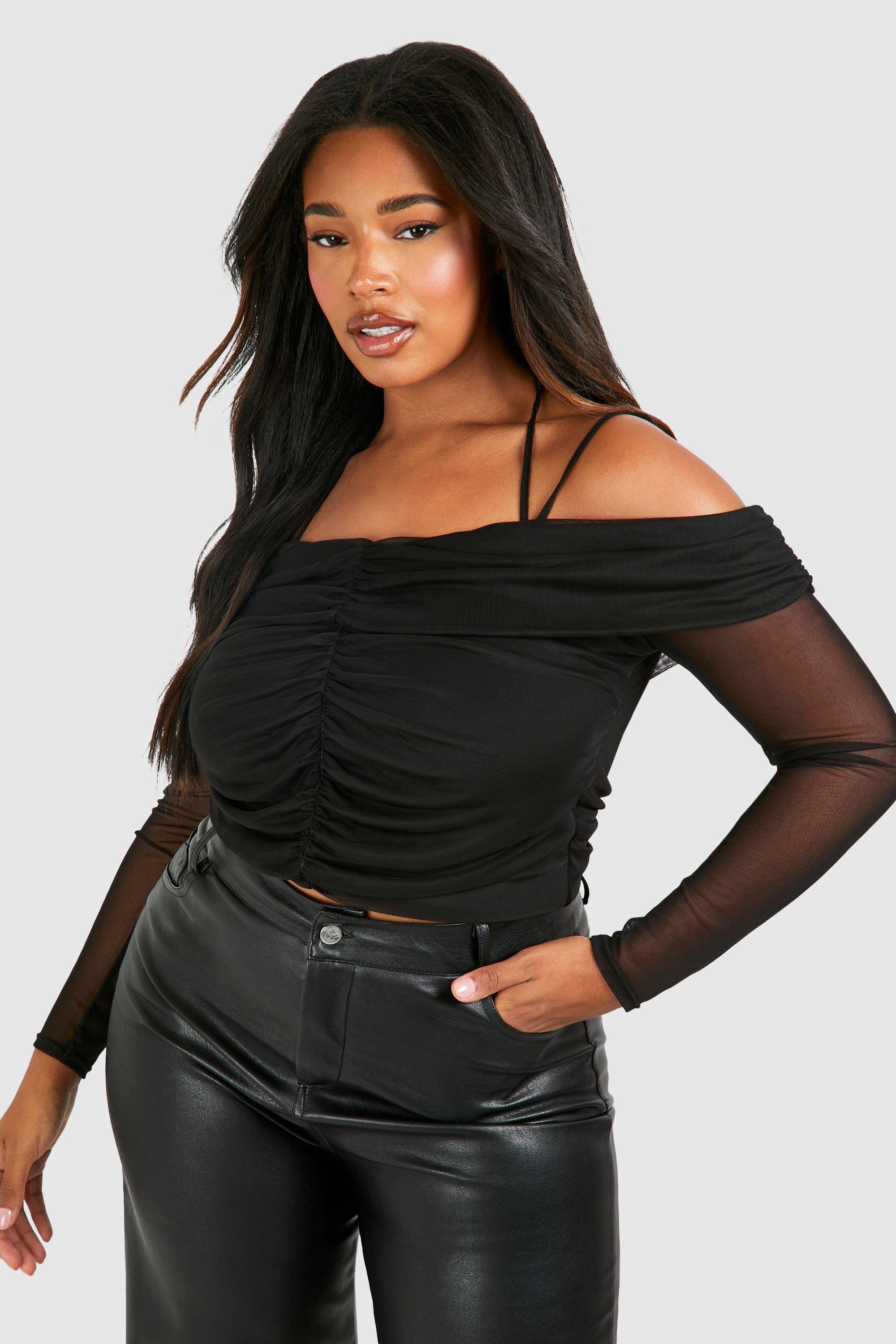 Womens Plus Bardot Mesh Ruched Top - Black - 18, Black