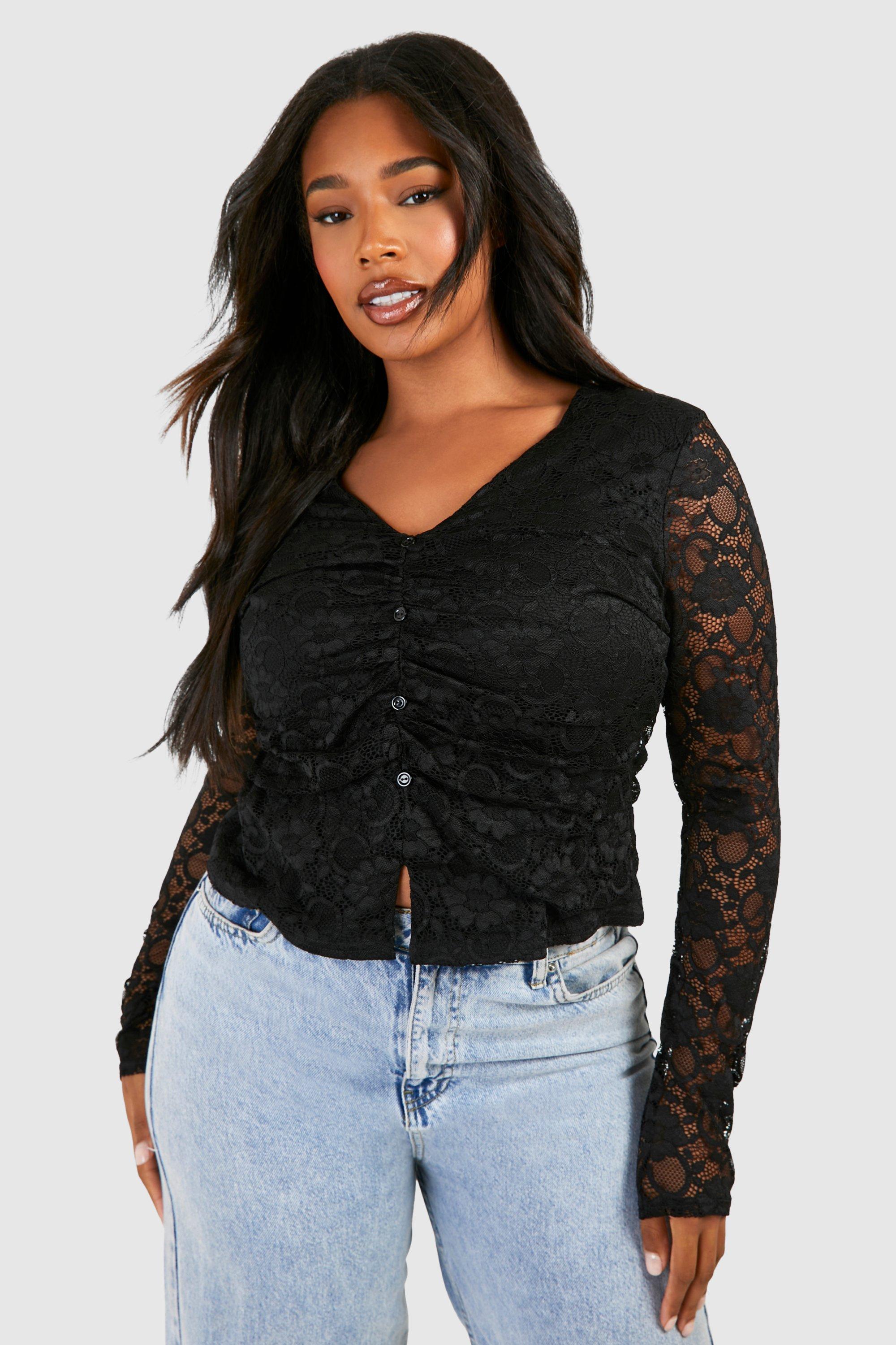 Image of Plus Button Front Lace Top, Nero