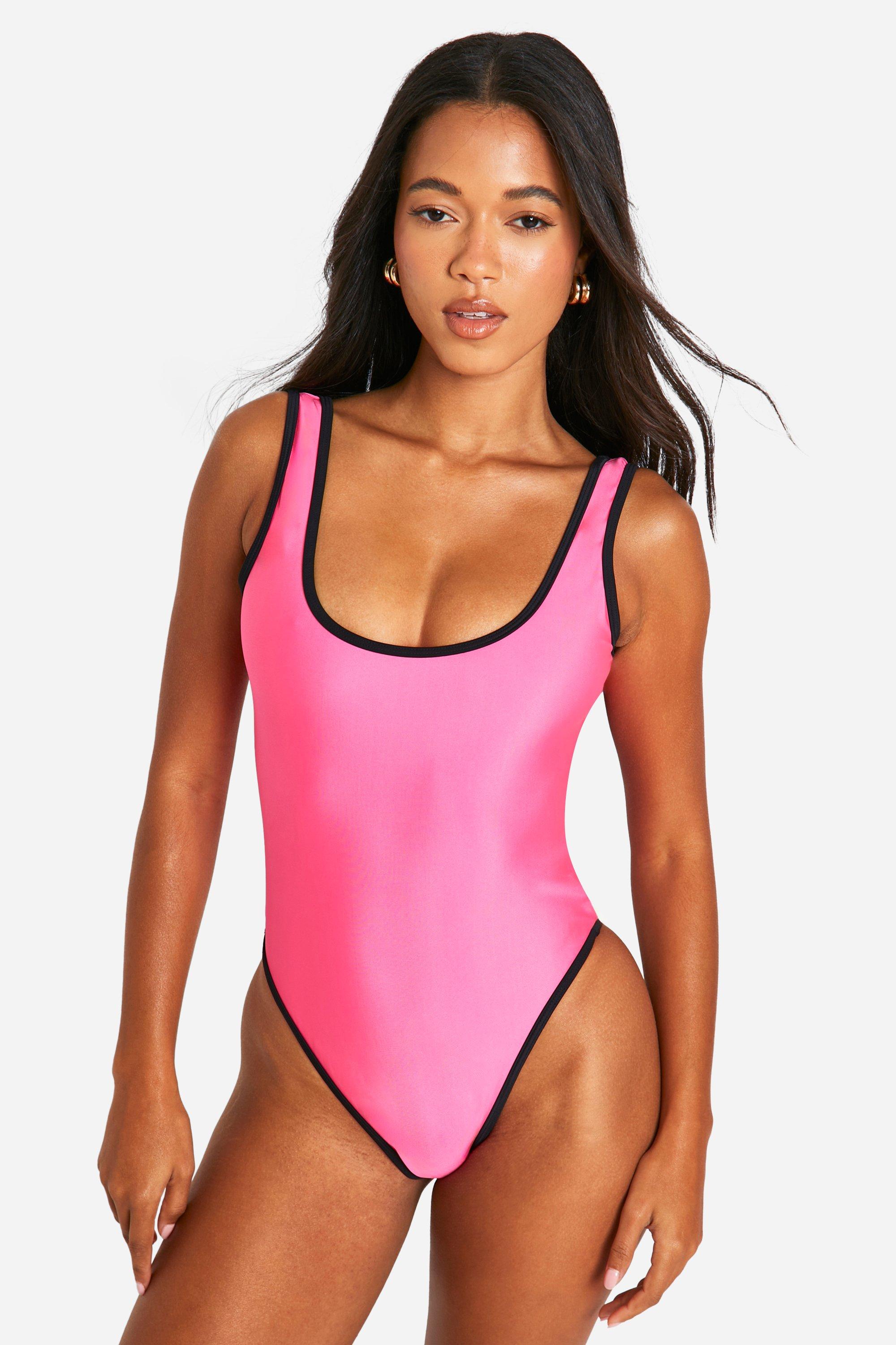 Womens Contrast Binding Scoop Swimsuit - Pink - 14, Pink