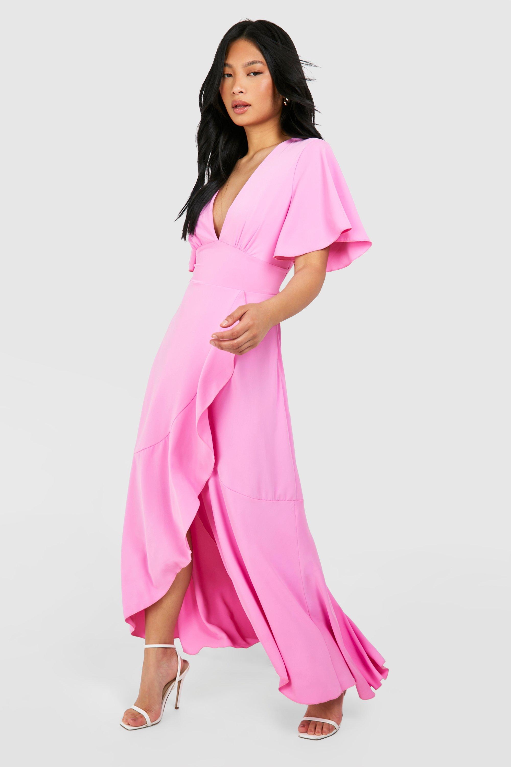Image of Petite Angel Sleeve Wrap Front Satin Maxi Dress, Pink