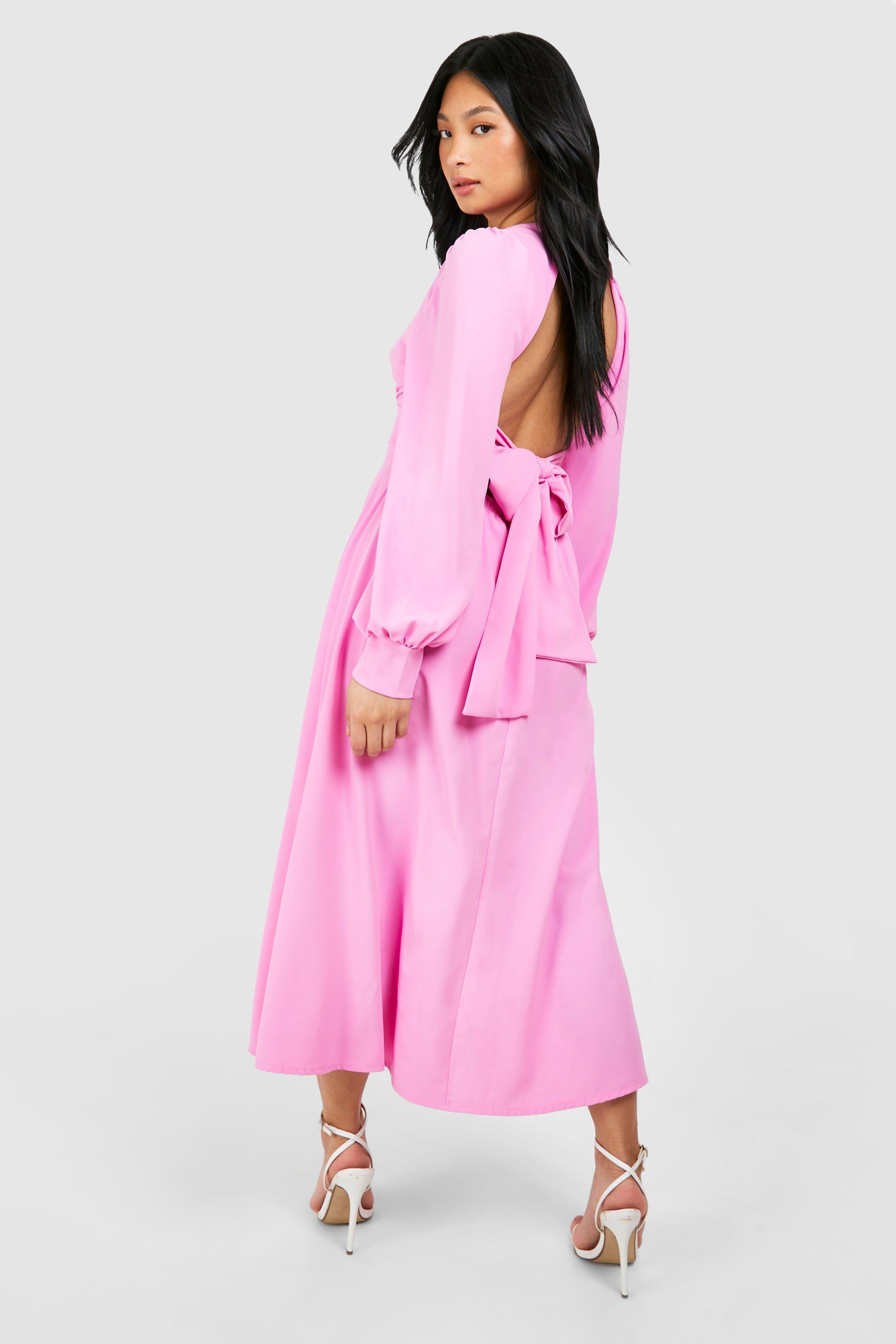 Image of Petite Tie Back Volume Sleeve Satin Maxi Dress, Pink