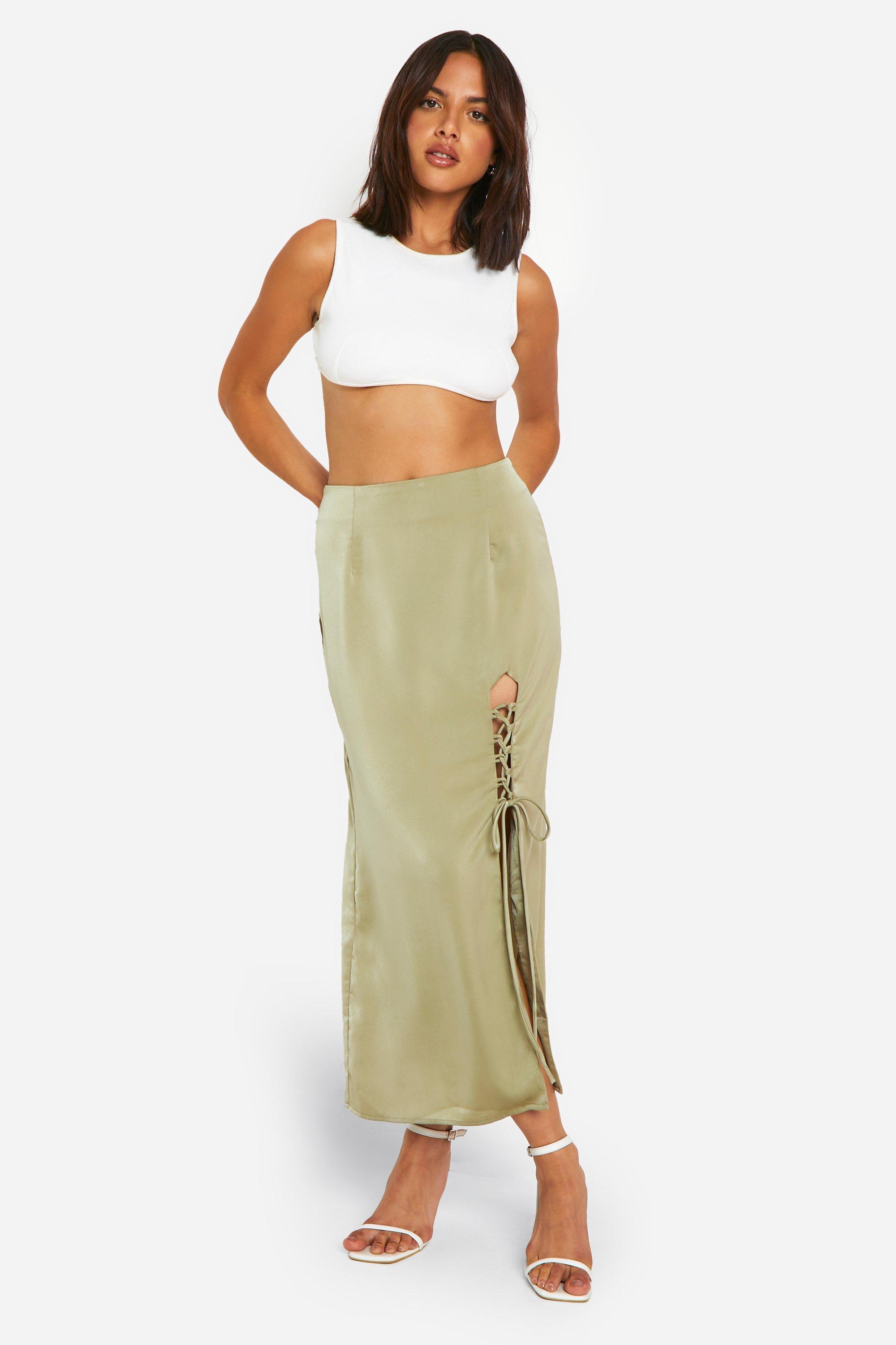 Boohoo Satijnen Midaxi Rok Met Zijsplit En Veters, Olive