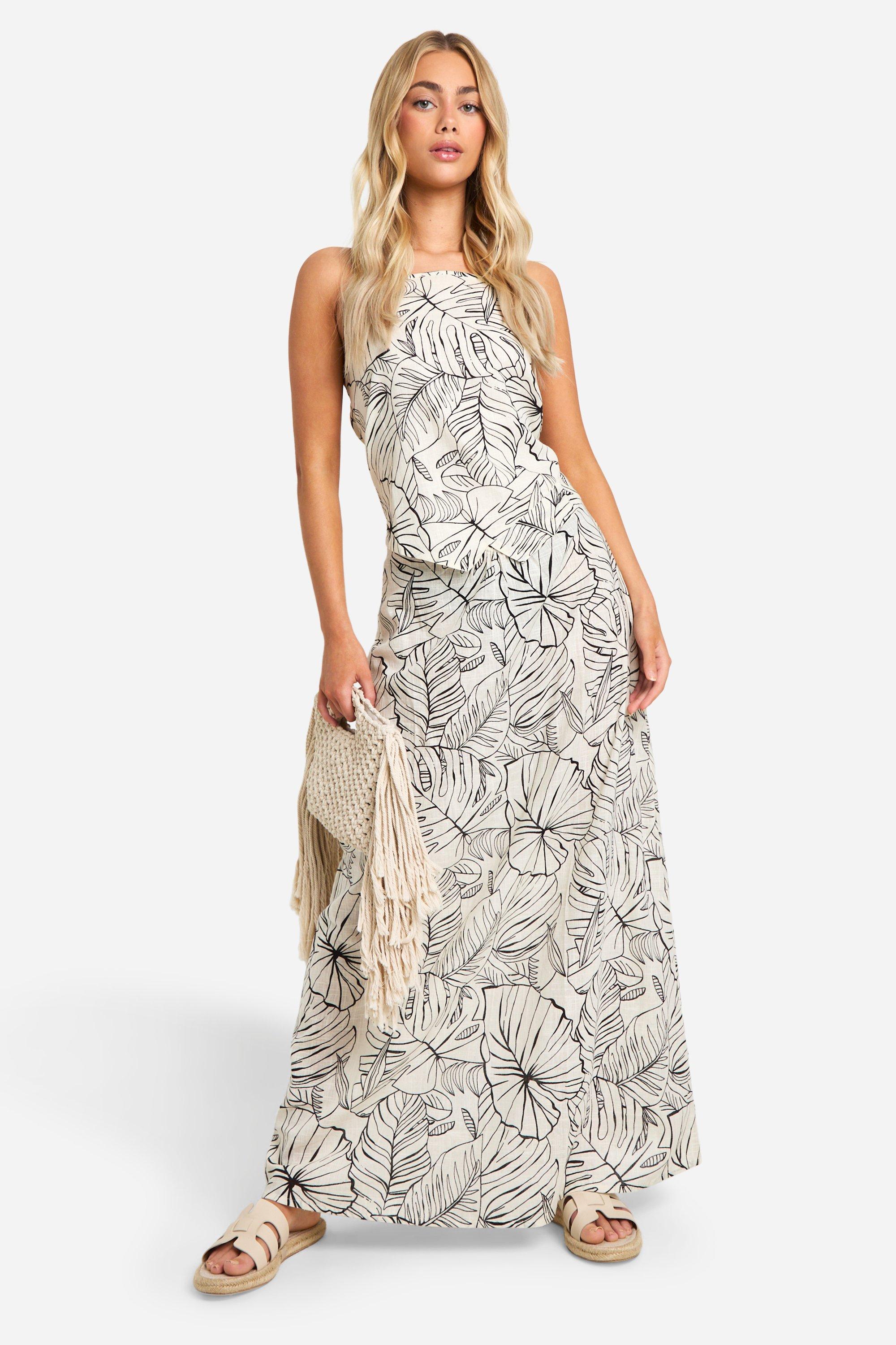 Image of Palm Printed Cotton Ring Detail Maxi Skirt, Nero