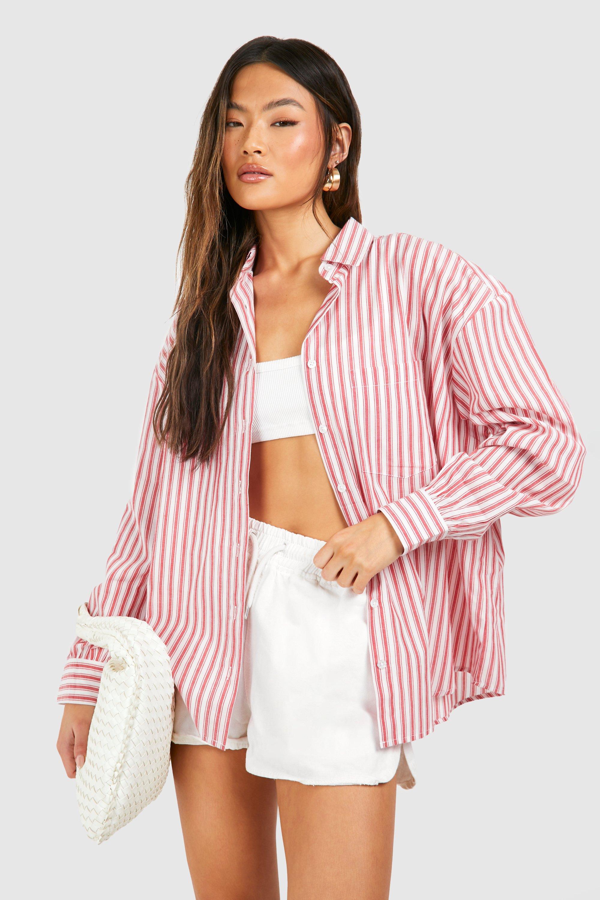 Image of Oversized Pocket Detail Striped Shirt, Rosso