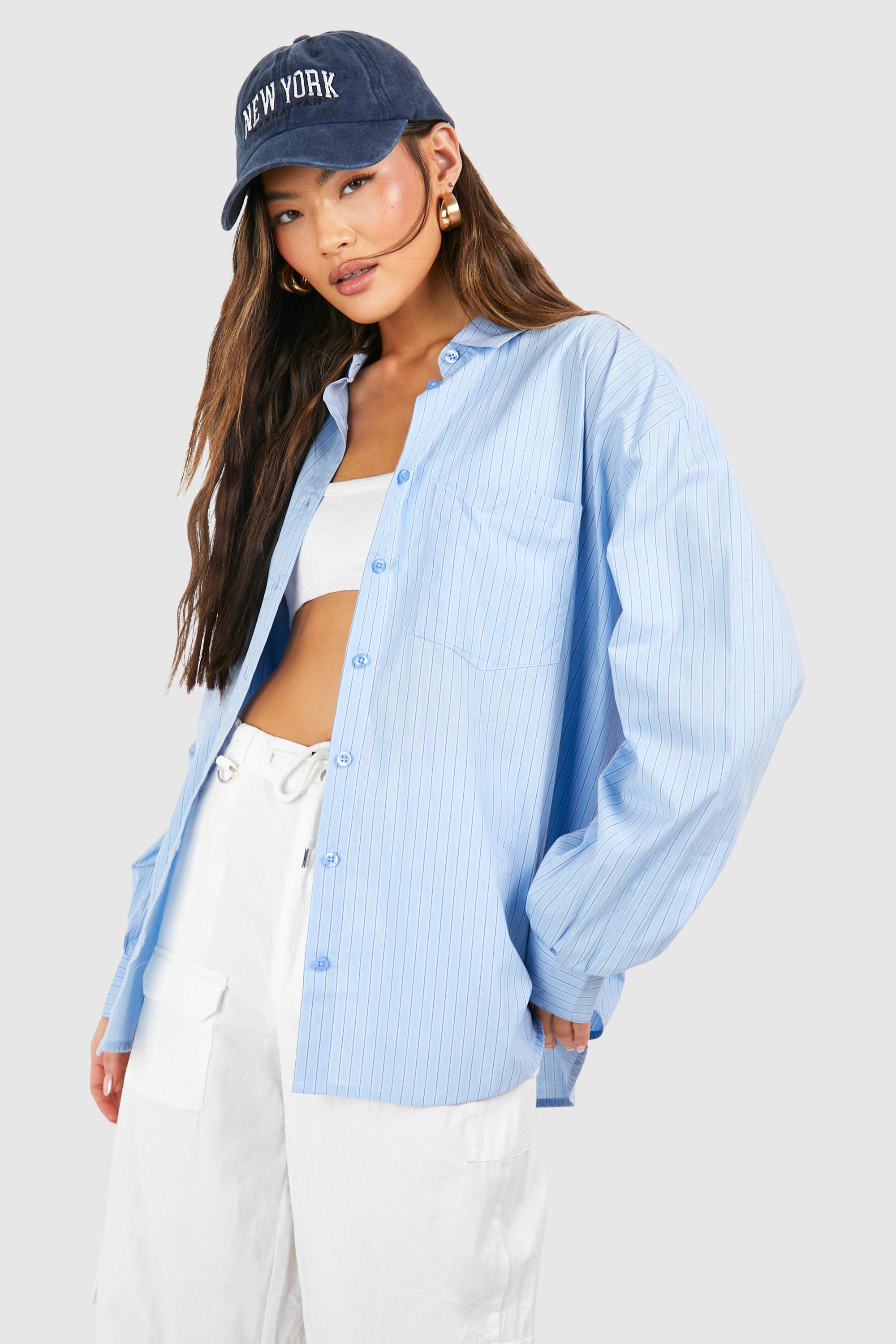 Image of Oversized Pocket Detail Fine Stripe Shirt, Azzurro