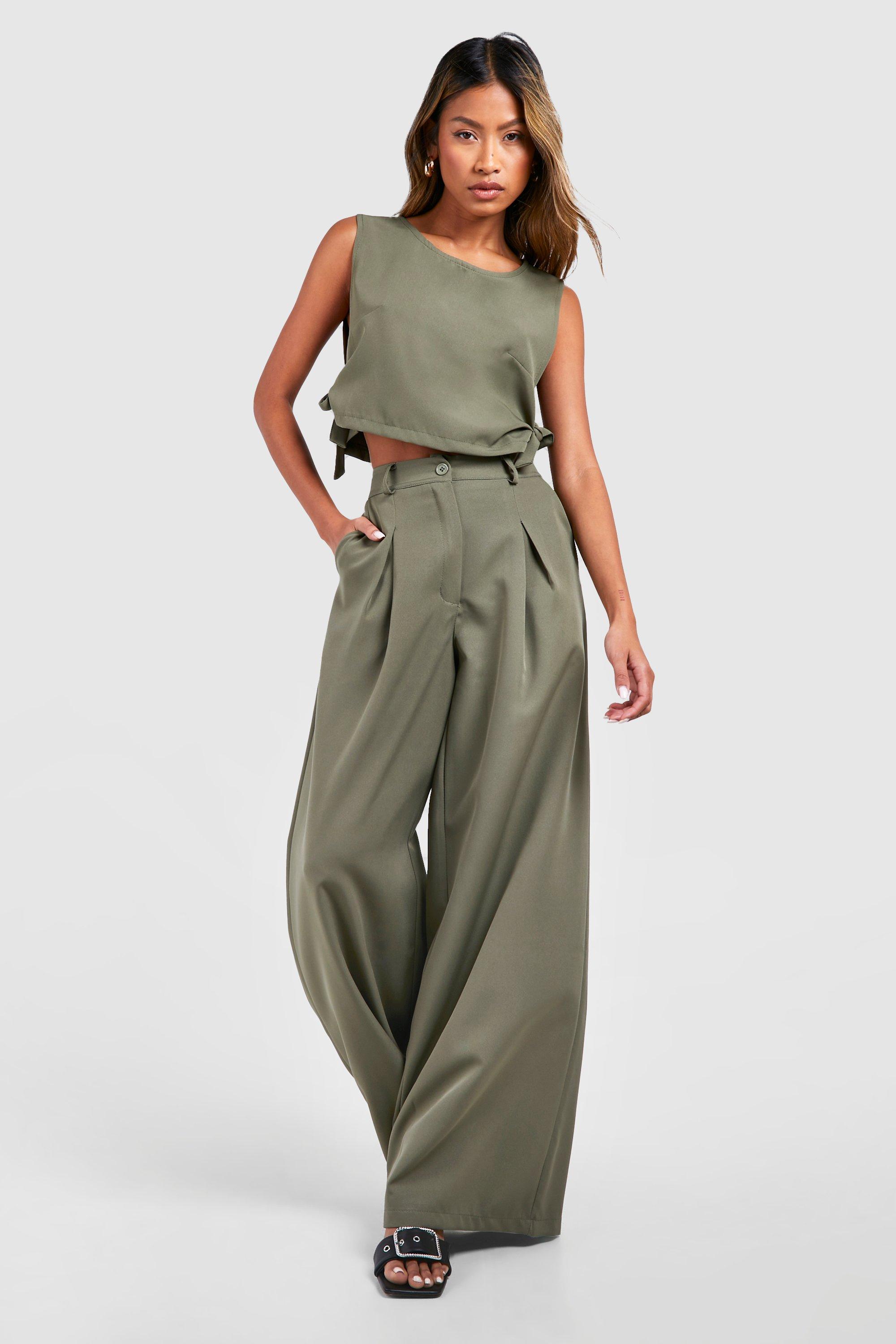 High Waisted Pleated Wide Leg Trouser - Green - 16