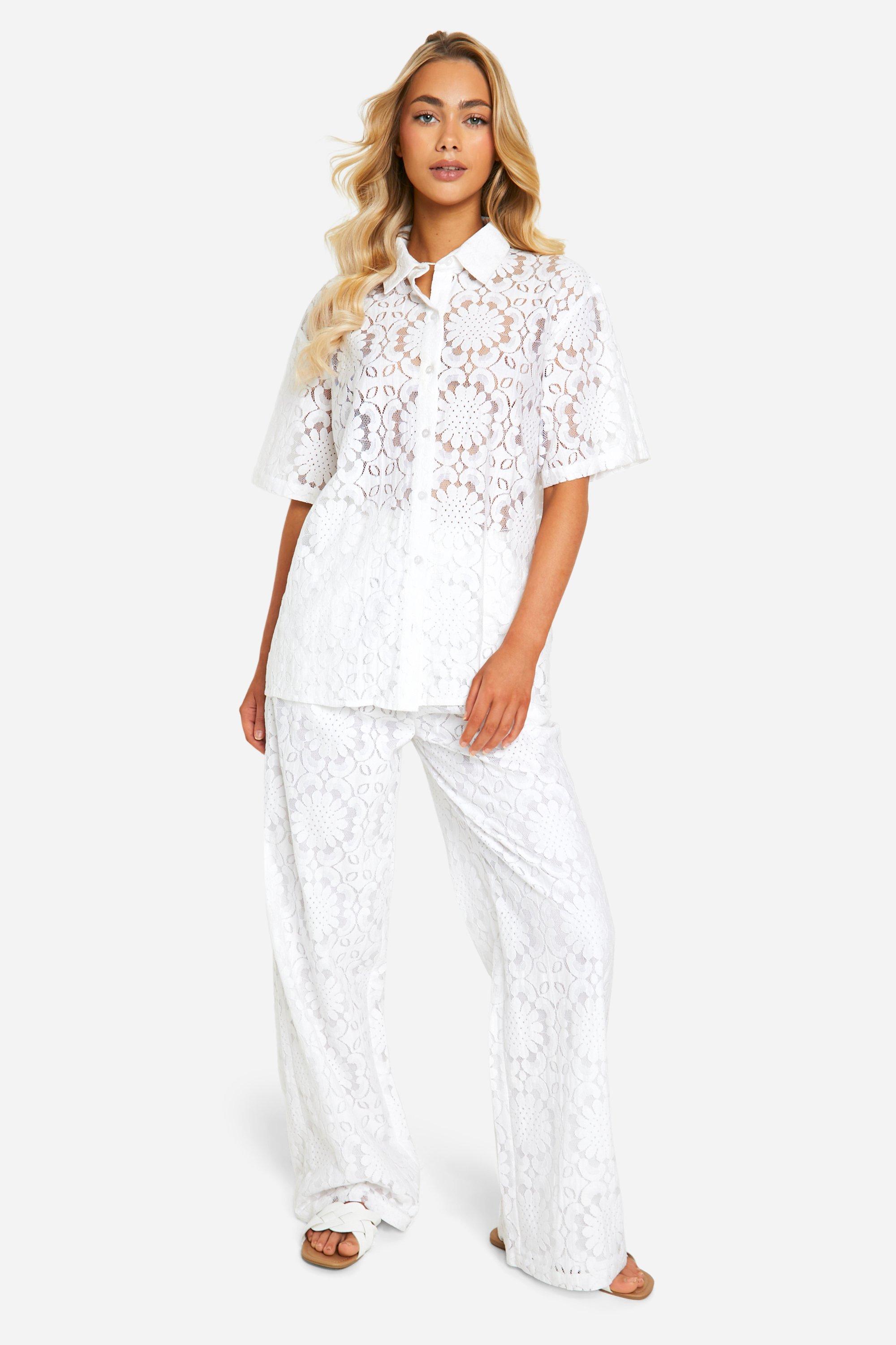 Image of Broderie Lace Wide Leg Trouser, Bianco