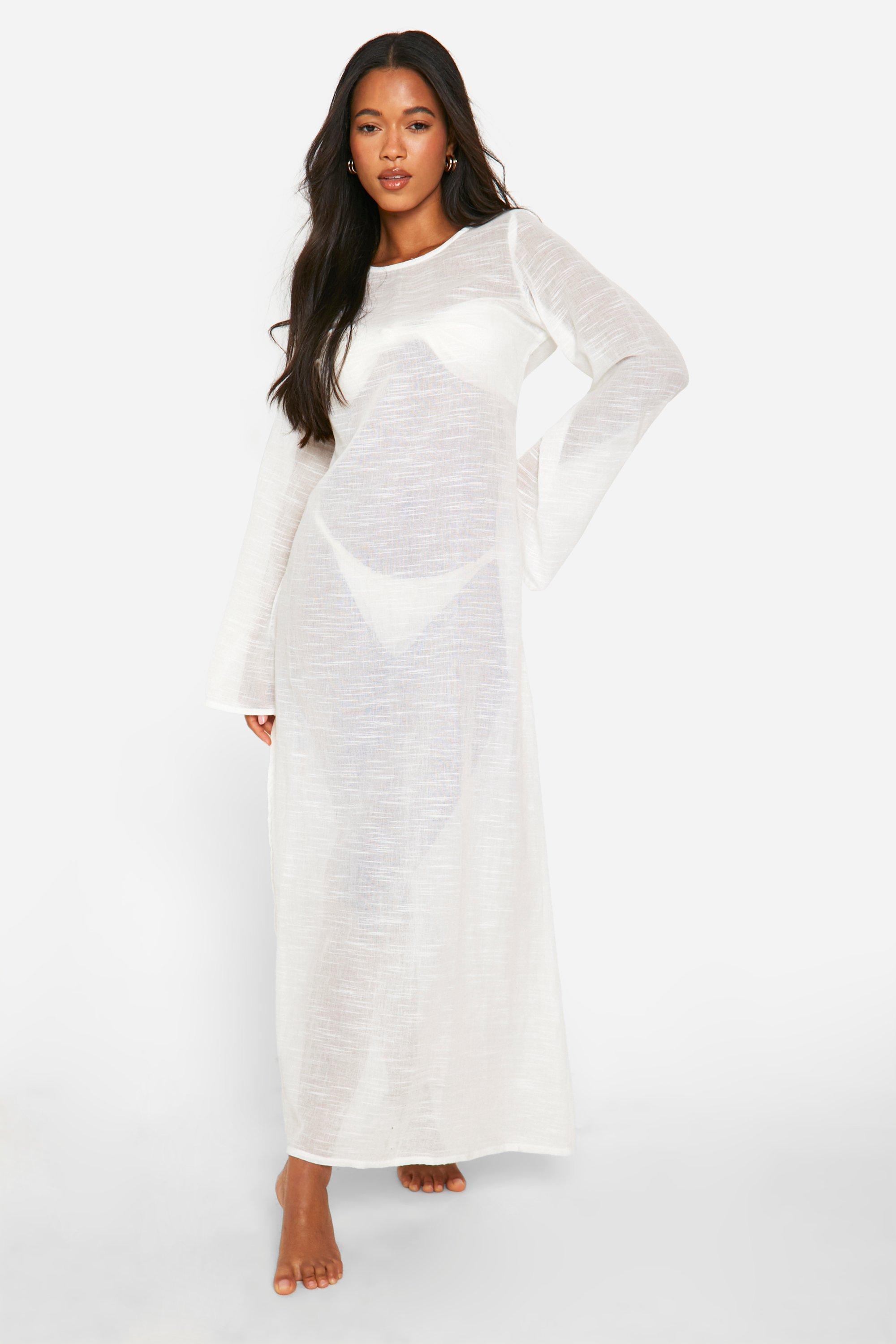 Image of Long Sleeve Thigh Split Maxi Beach Dress, Bianco