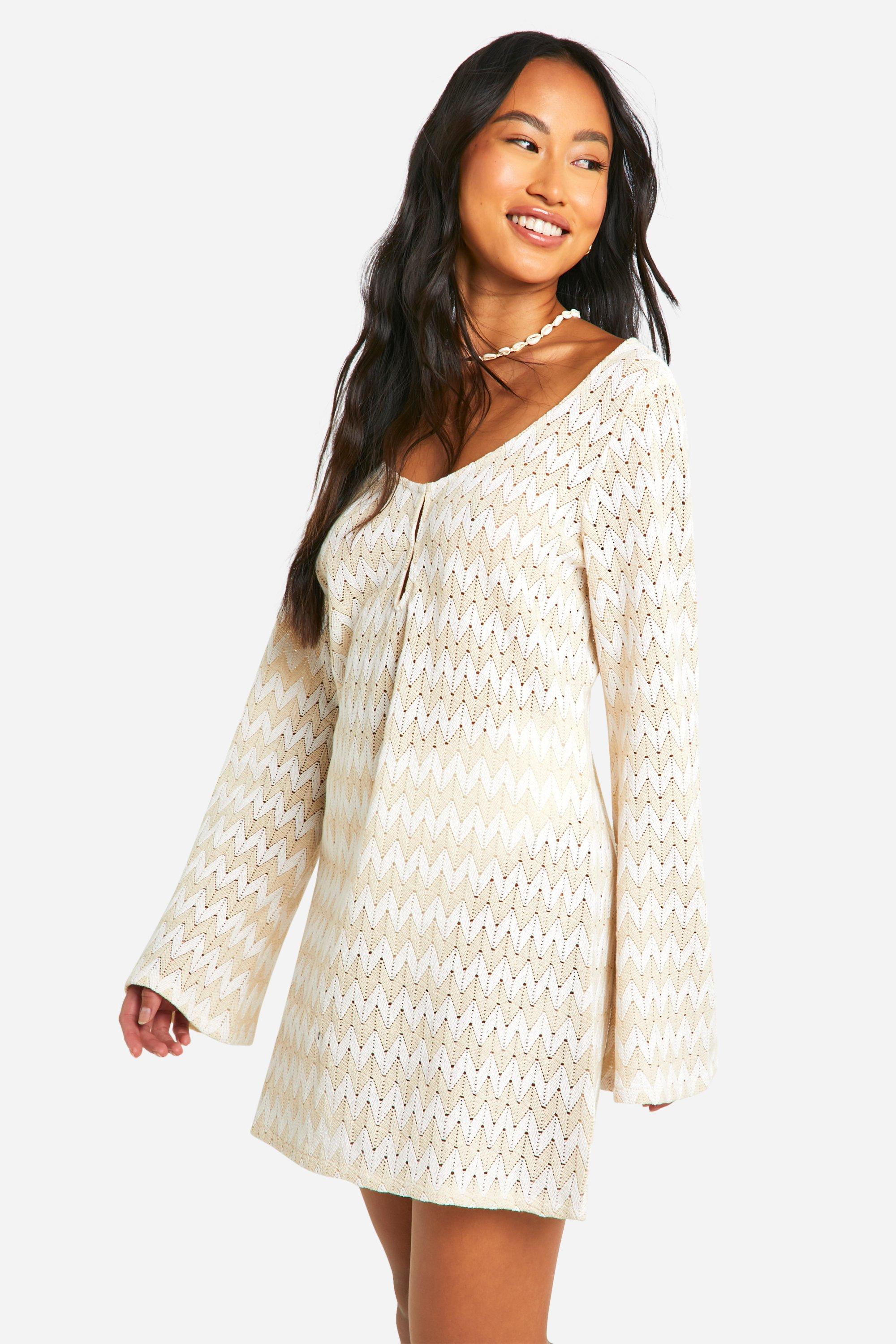 Boohoo Neutral Stripe Crochet Beach Dress, Neutral