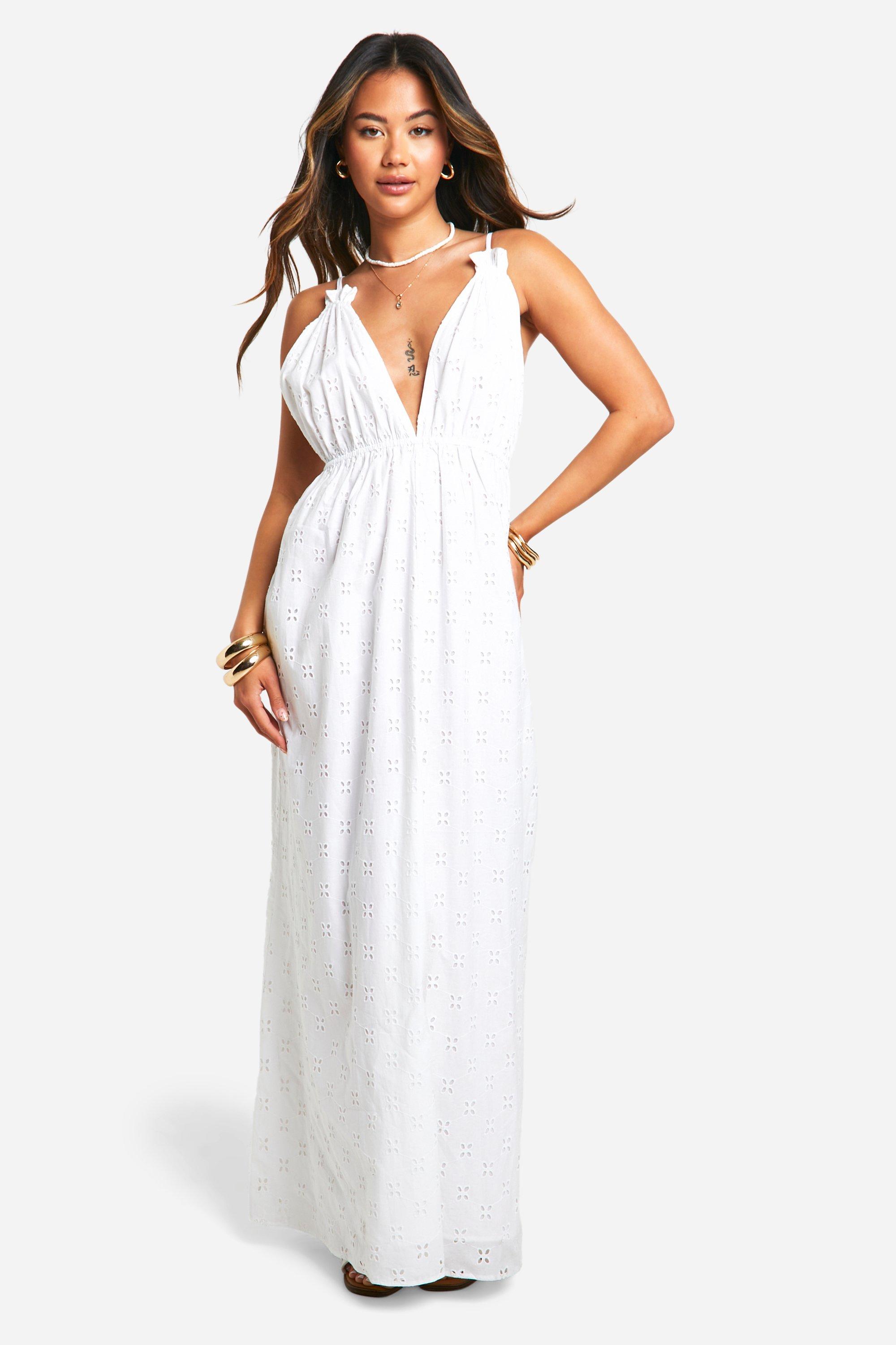 Boohoo Broderie Strappy Maxi Dress, White