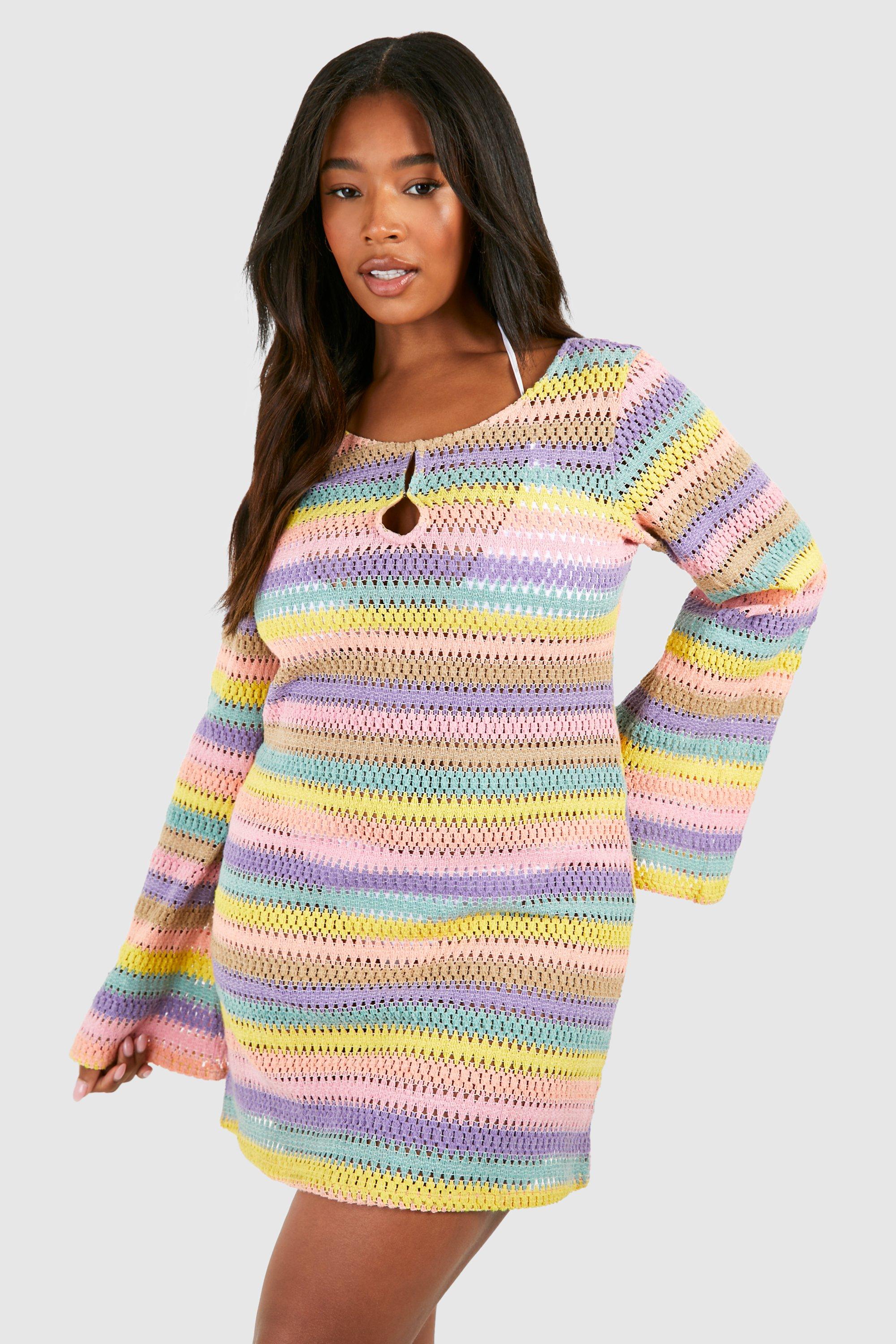 Boohoo Plus Rainbow Stripe Crochet Beach Dress, Multi