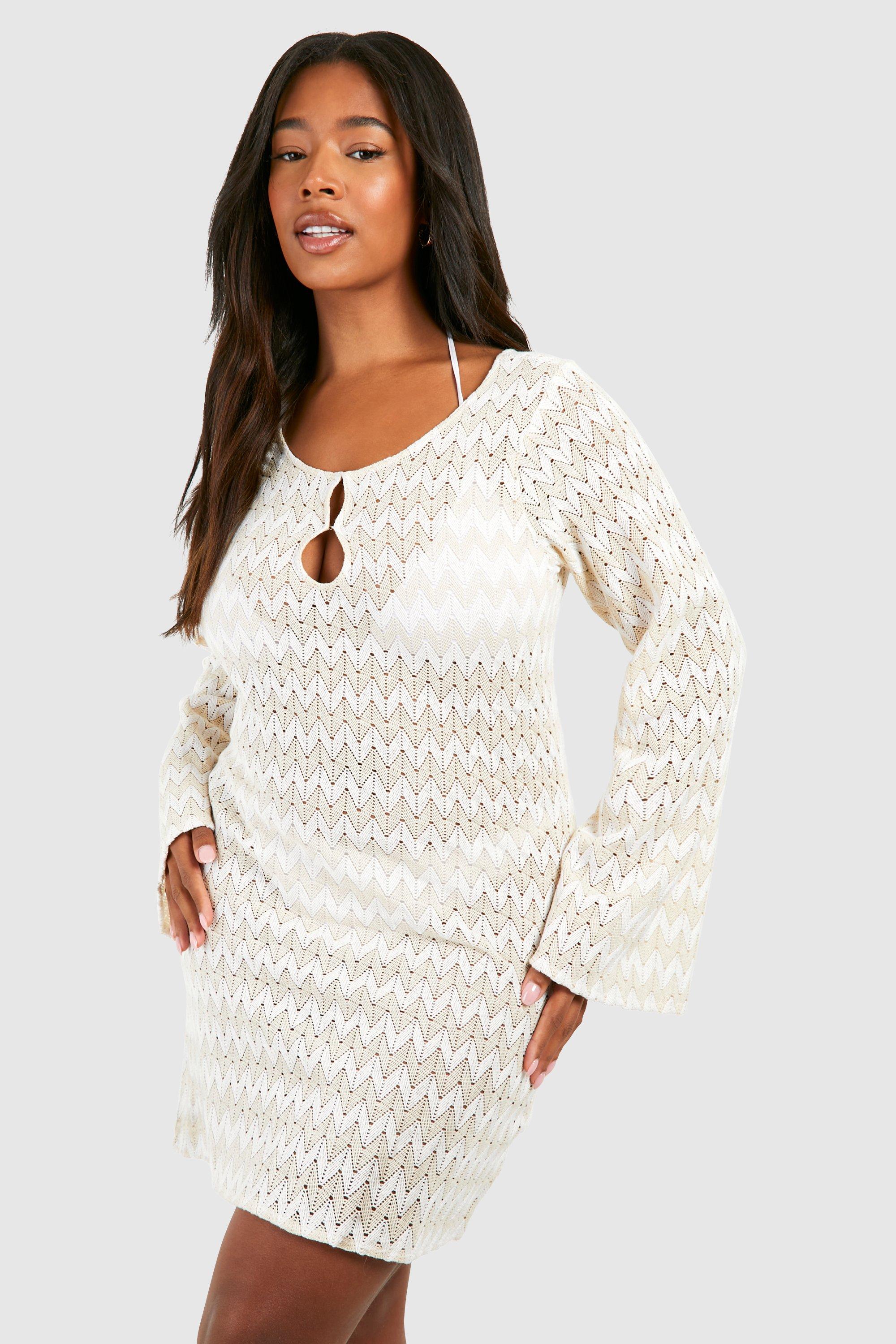 Image of Plus Neutral Stripe Crochet Beach Dress, Tan
