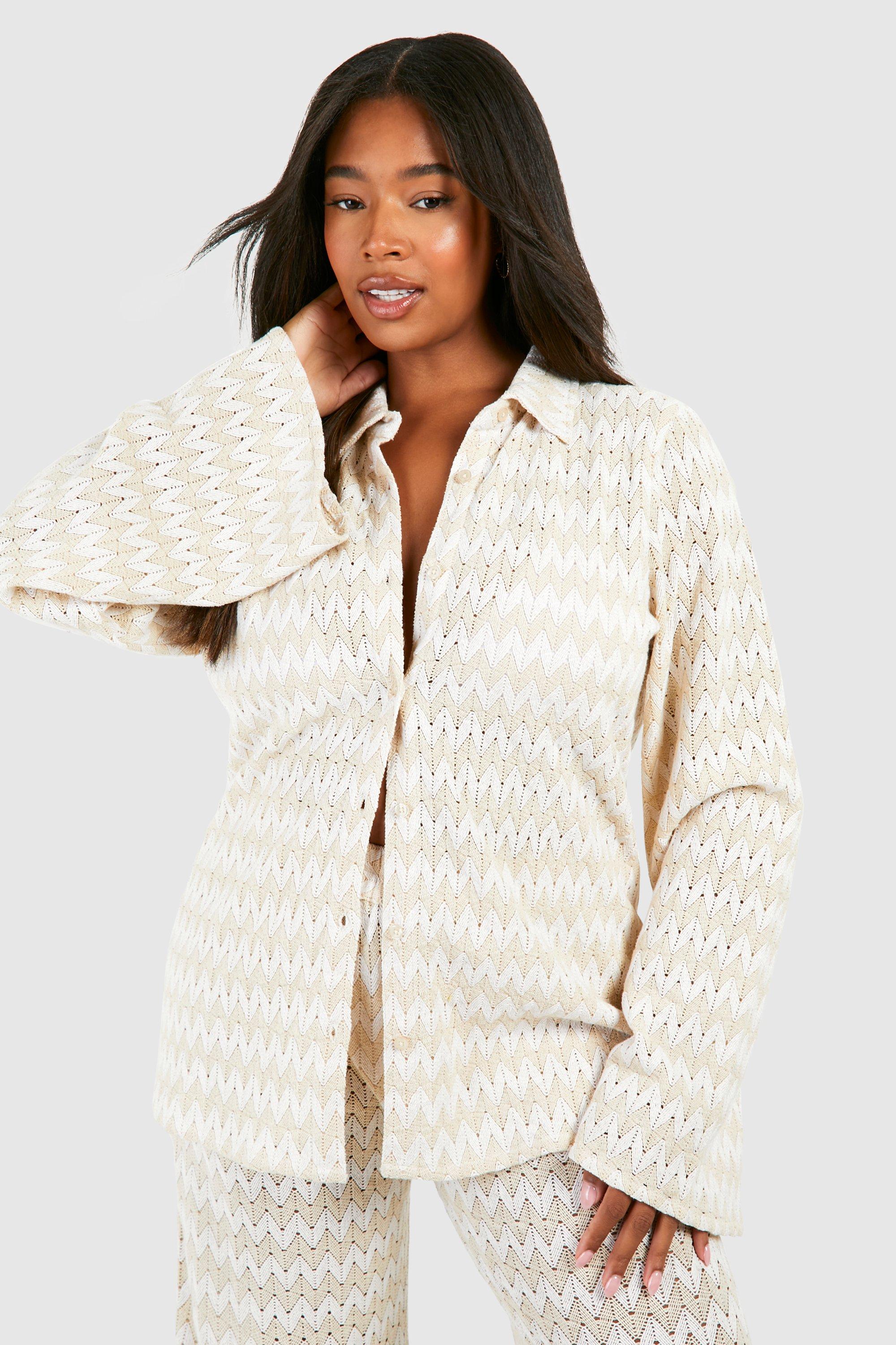 Image of Plus Neutral Stripe Crochet Beach Shirt, Tan