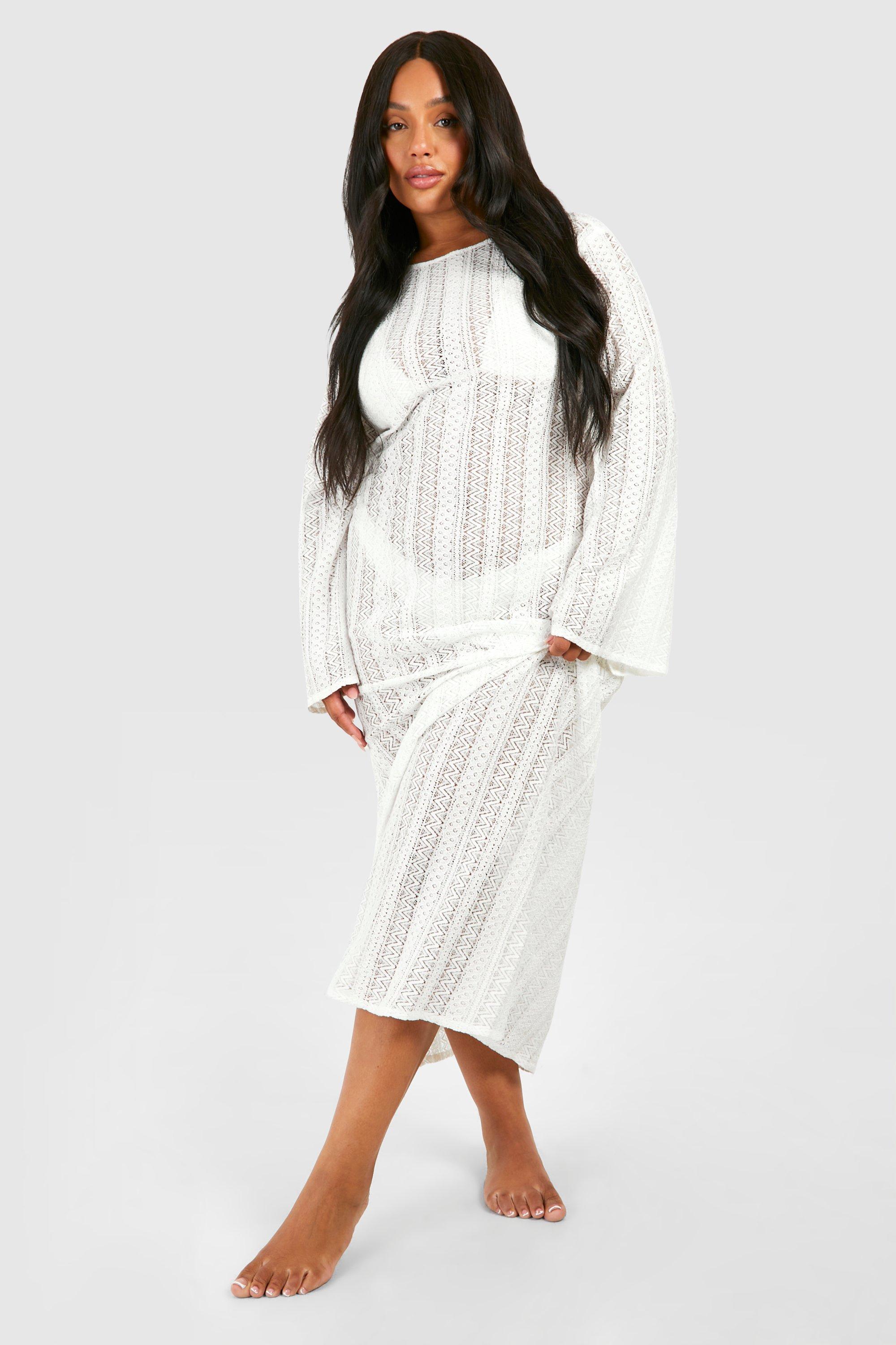 Image of Plus Crochet Tie Beach Maxi Dress, Bianco