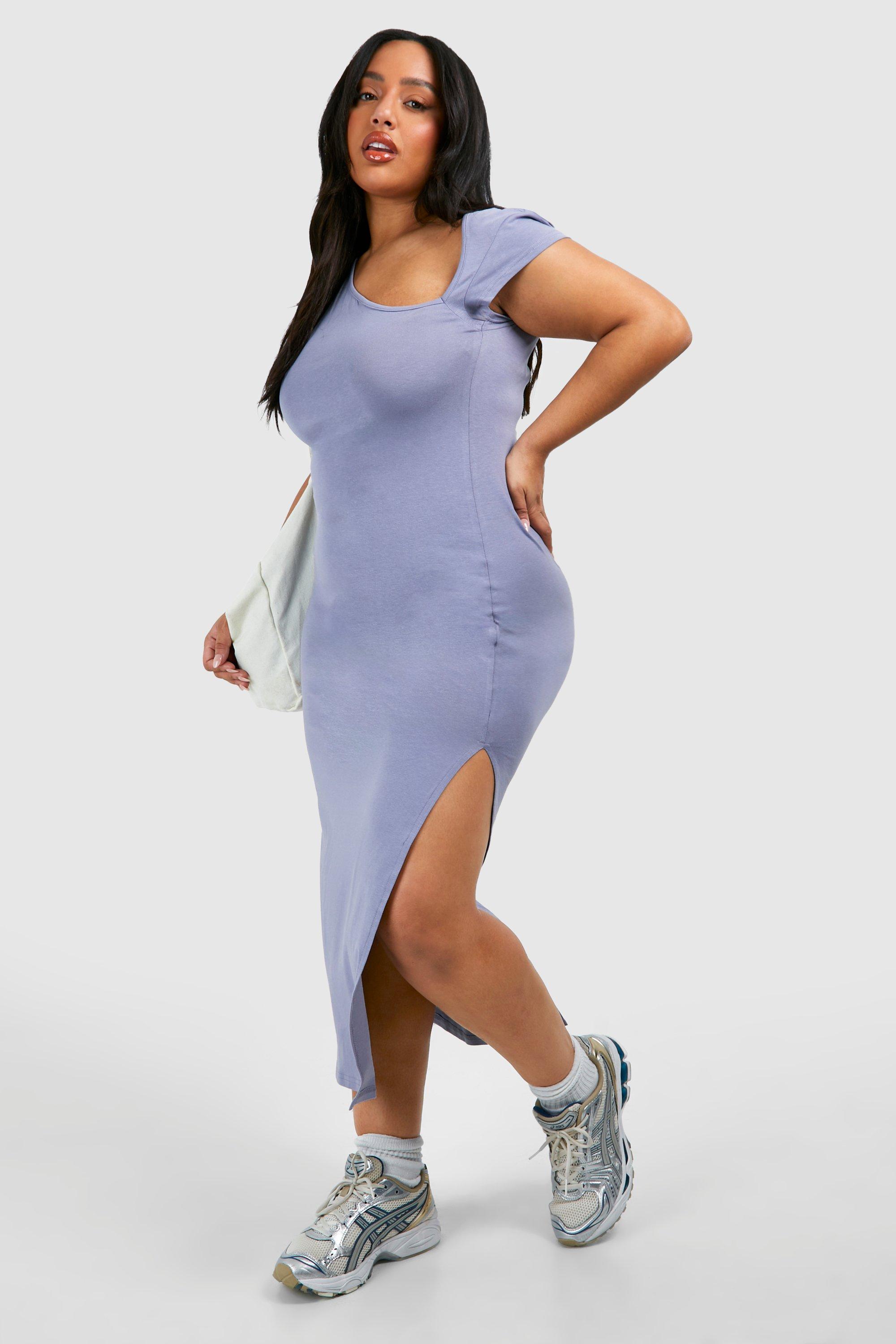 Image of Plus Asymetric Cap Sleeve Ruched Midaxi Dress, Azzurro