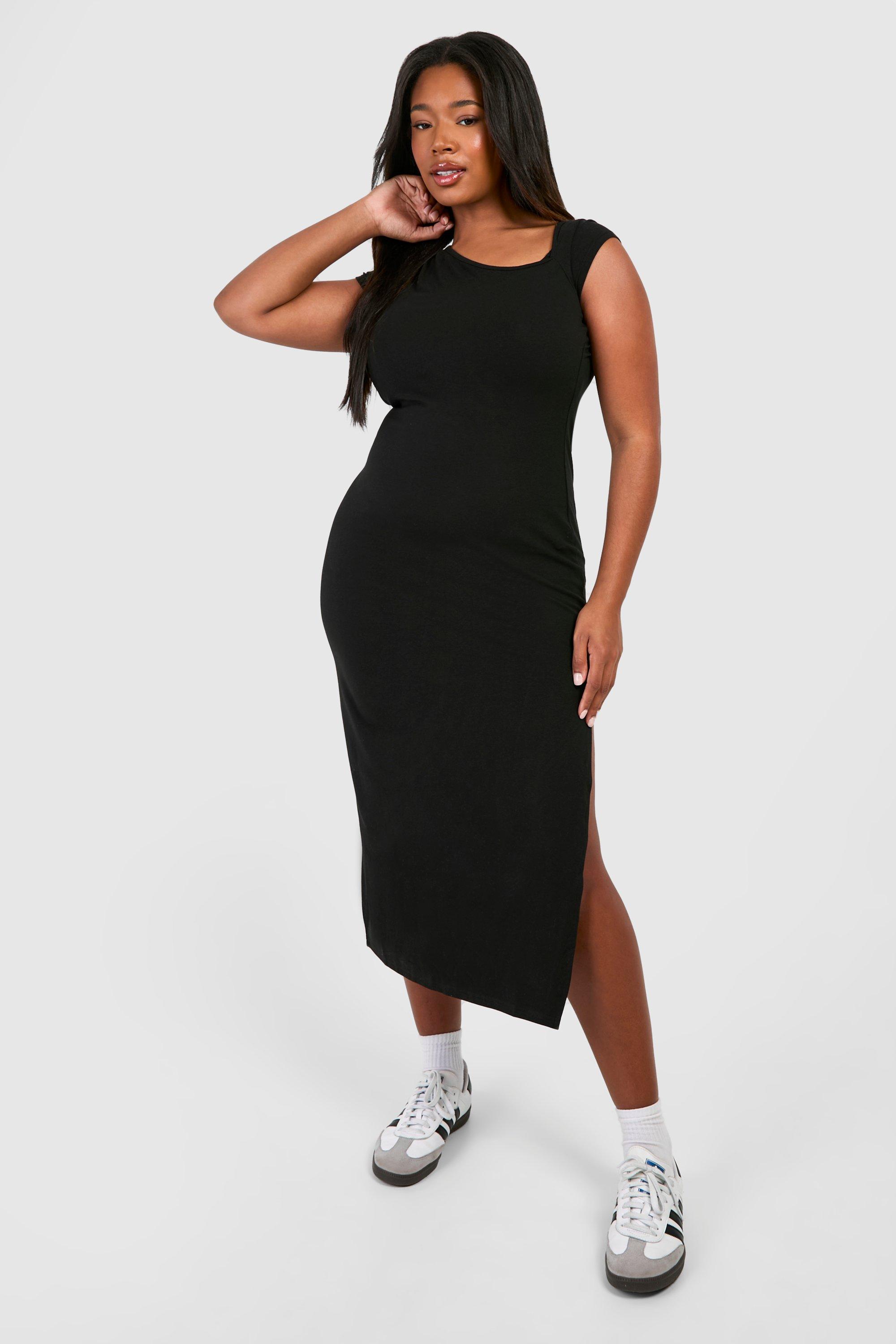 Image of Plus Asymetric Cap Sleeve Ruched Midaxi Dress, Nero