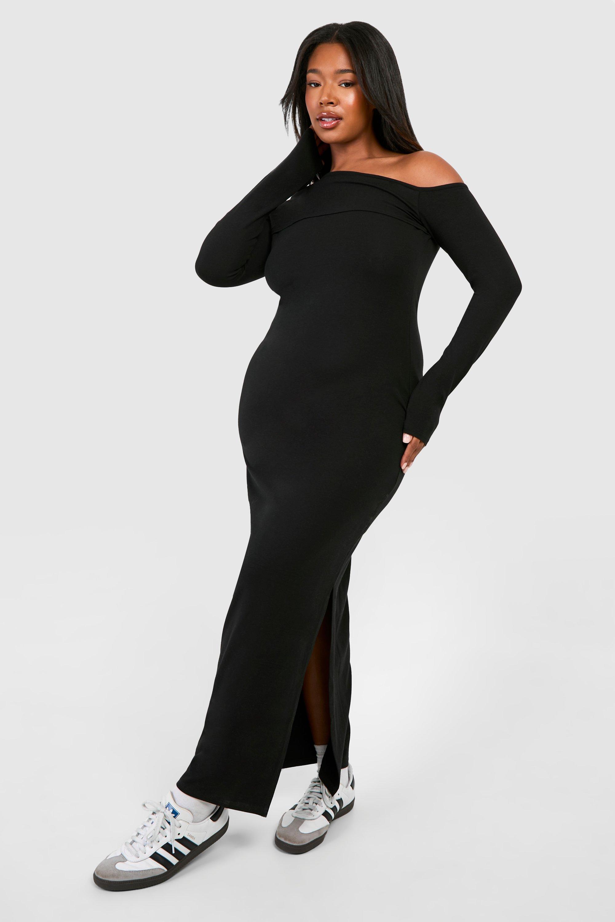 Image of Plus Ruched Bardot Long Sleeve Maxi Dress, Nero