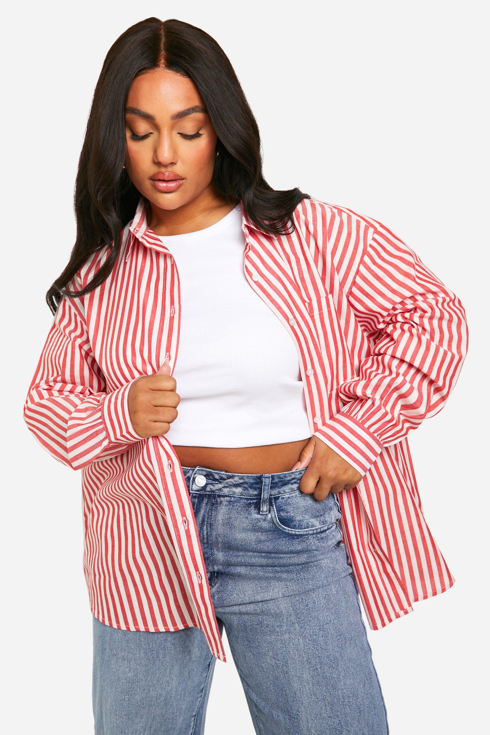 Image of Plus Oversized Pocket Detail Striped Shirt, Rosso
