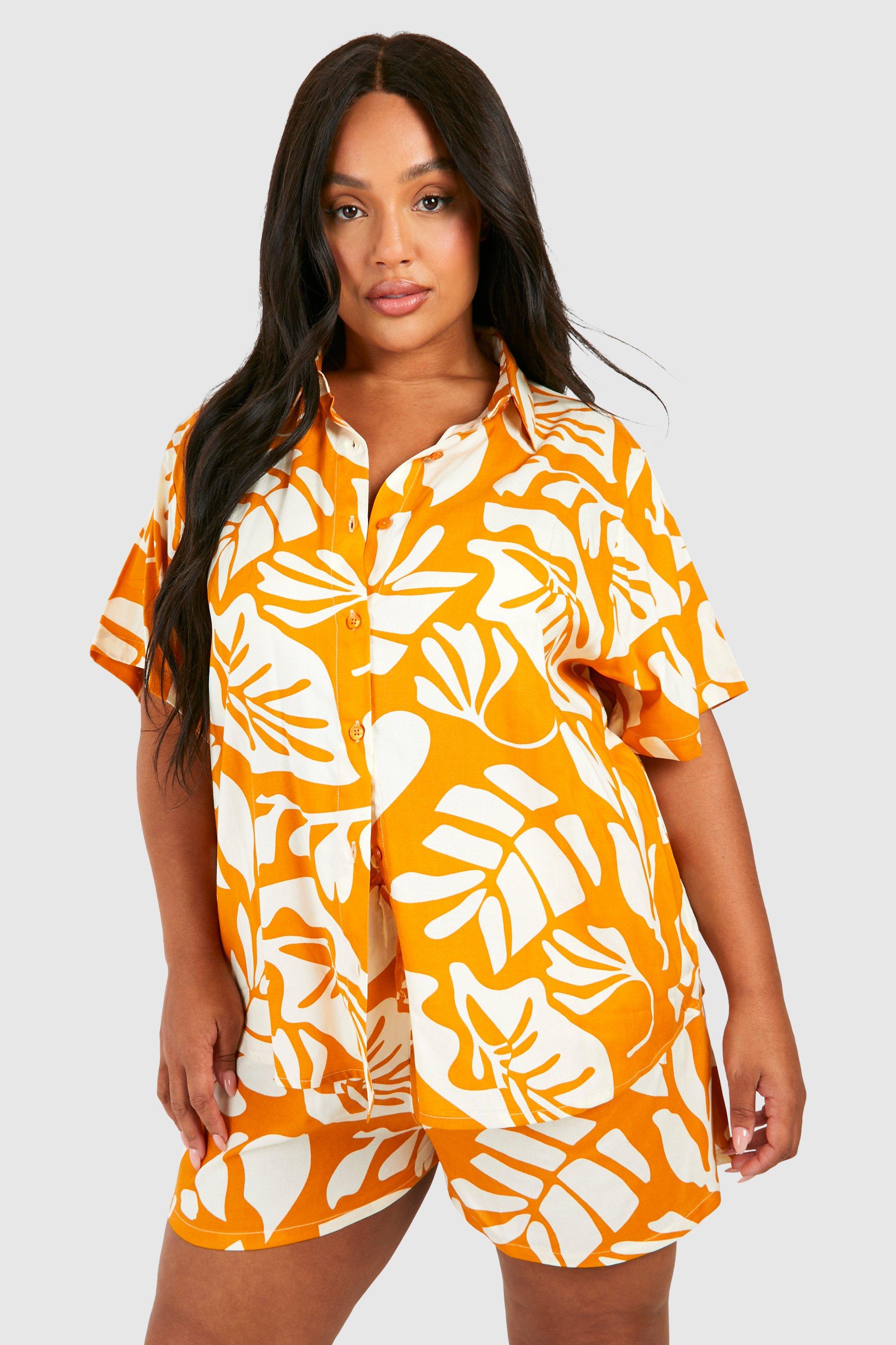 Image of Plus Printed Short Sleeve Shirt & Short Co Ord, Arancio