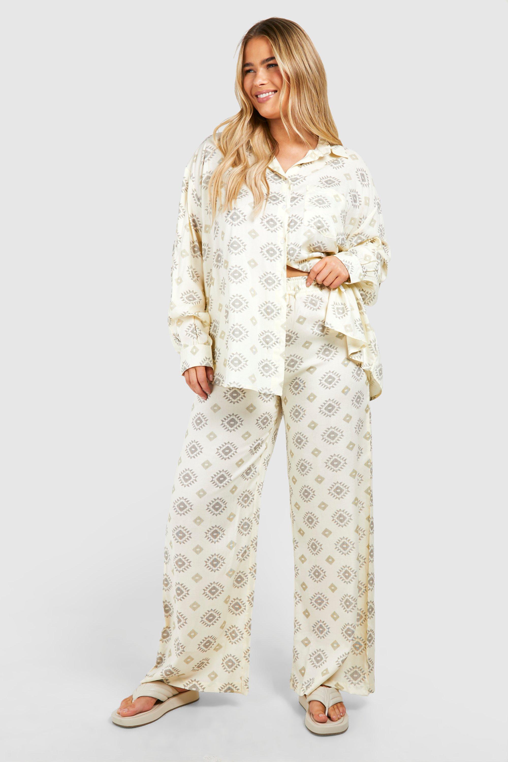 Image of Plus Printed Long Sleeve & Trouser Co Ord Set, Bianco