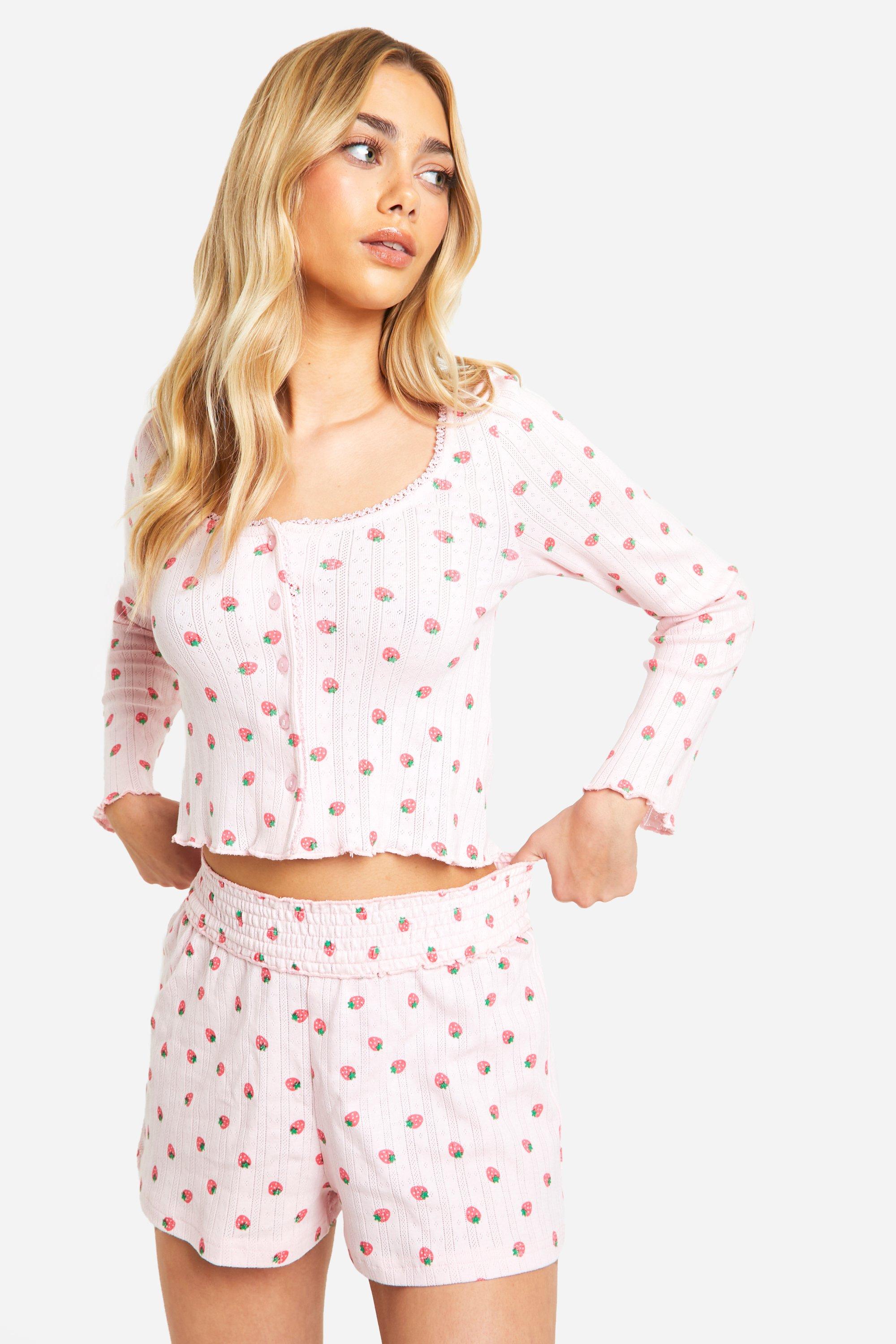 Womens Strawberry Pointelle Button Down Pj Set - Pink - 10, Pink