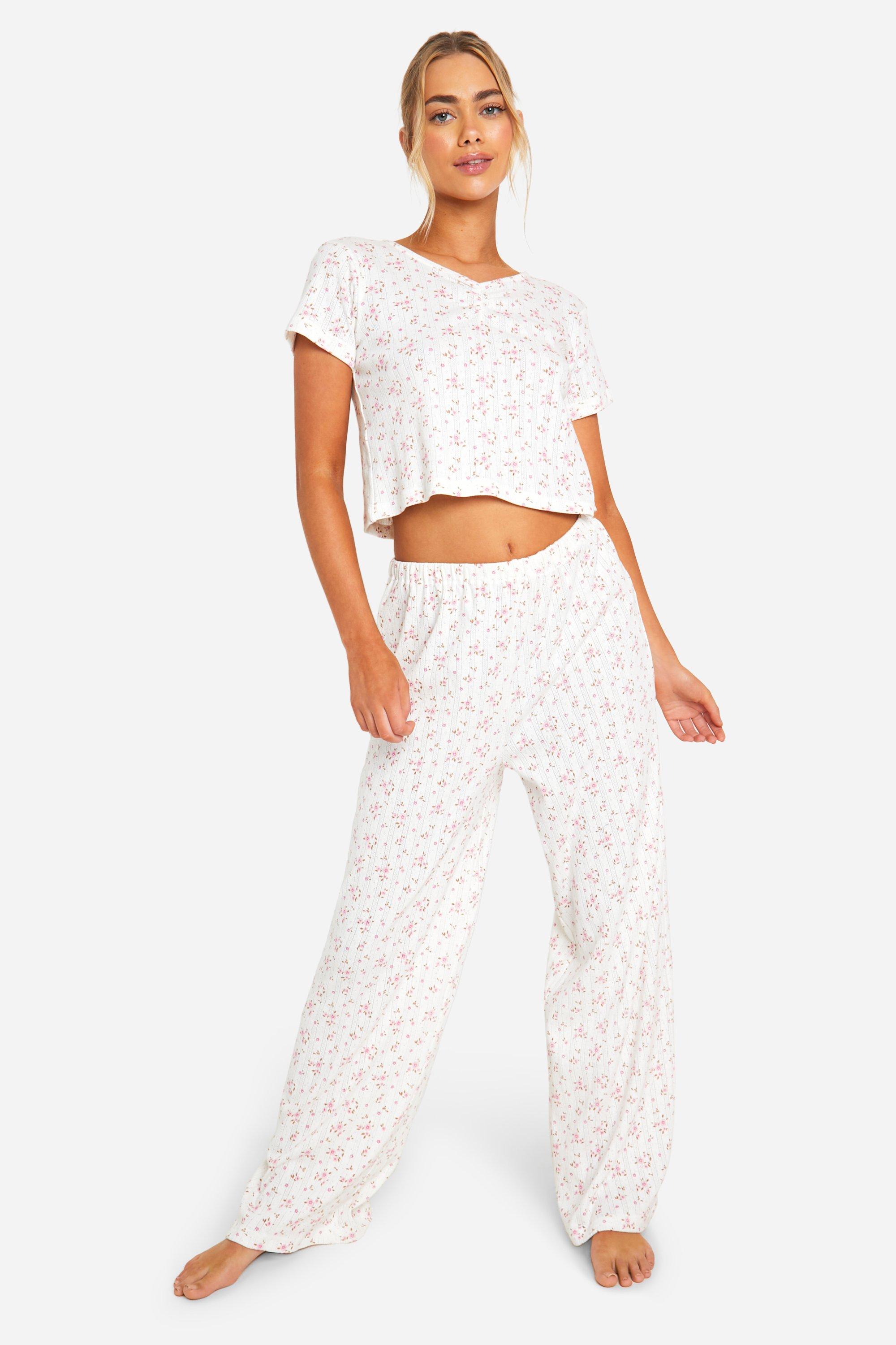 Womens Ditsy Pointelle Pj Set - White - 8, White