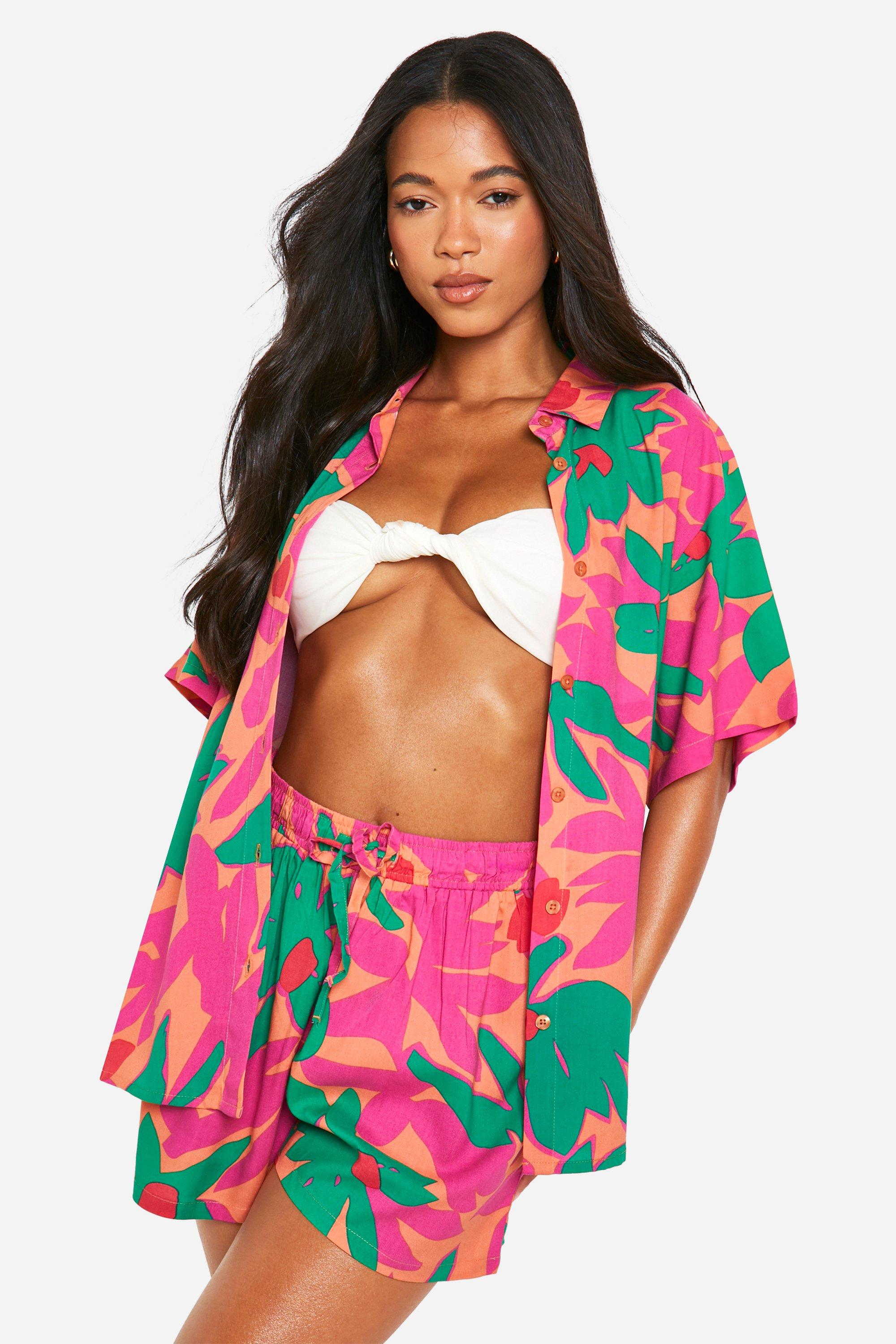 Image of Abstract Shirt And Short Beach Co-ord, Pink